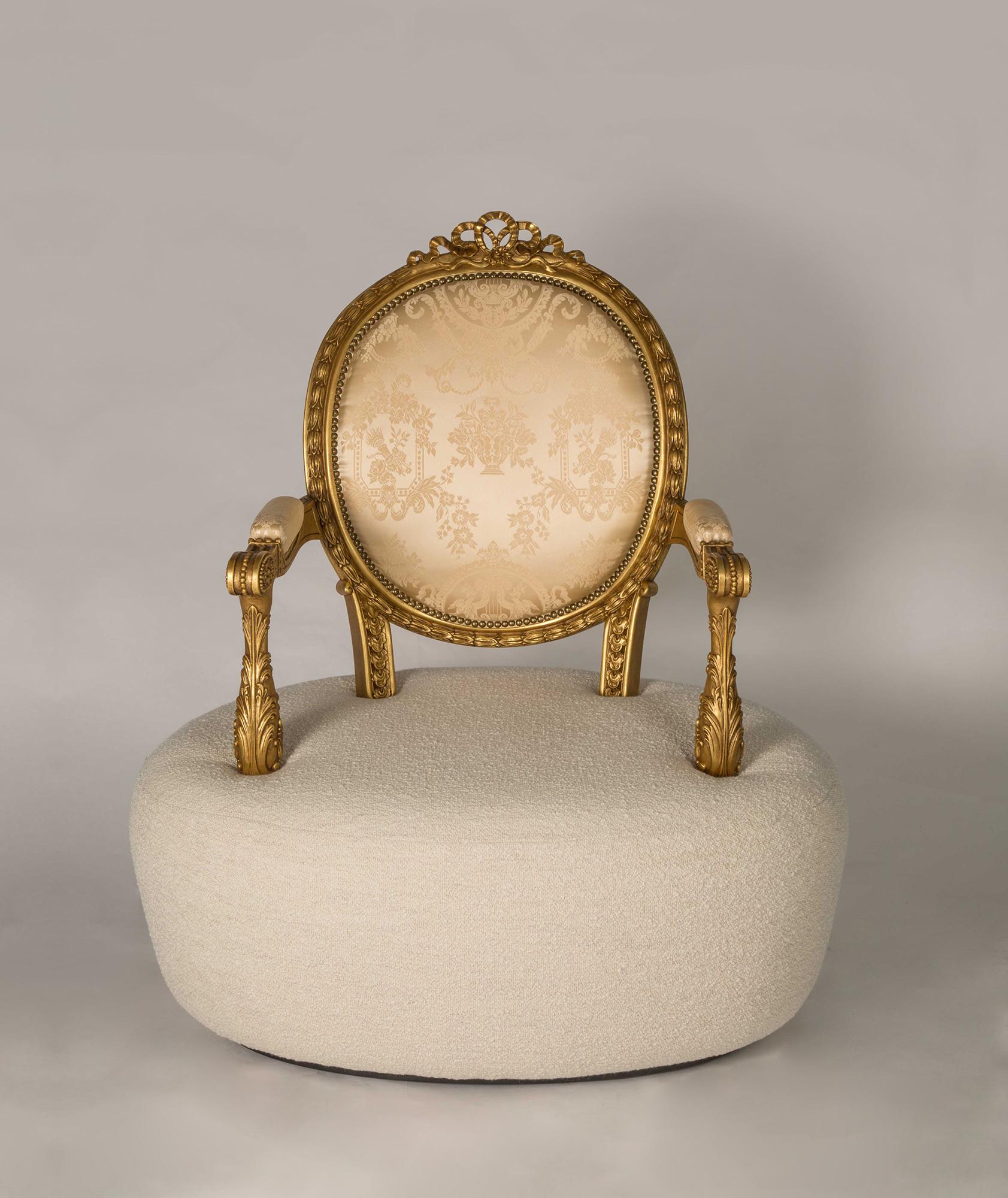 Bouclé Modern Classic Elizabeth I Armchair in Carved Wood and Patinated Fine Gold Leaf For Sale