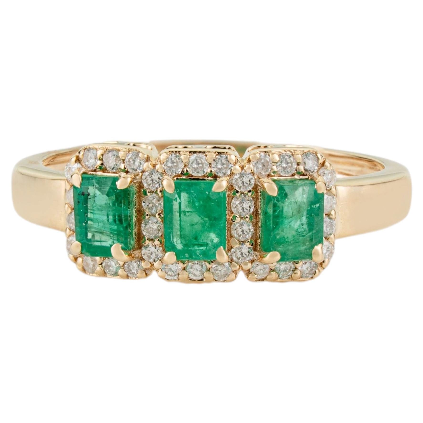 Modern Classic Emerald Diamond Three Stone Ring in 14K Yellow Gold Fine Jewelry