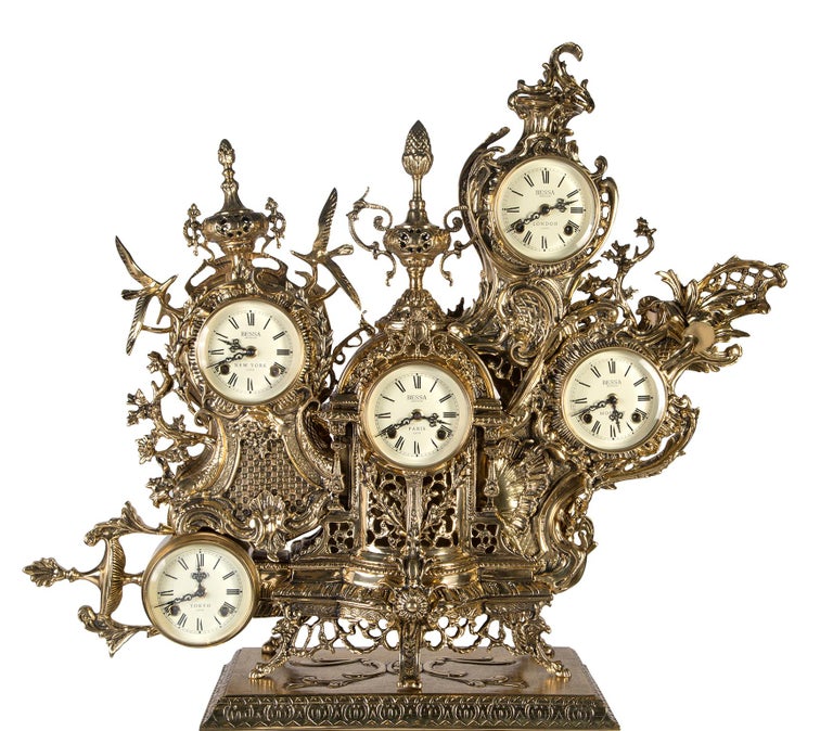 Rococo Modern Classic Grandfather Clock in Polished Brass and Black Portoro Marble For Sale