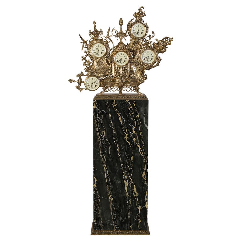 Modern Classic Grandfather Clock in Polished Brass and Black Portoro Marble For Sale
