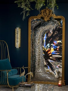 Modern Classic Imaginarium Mirror, Carved Wood and Gold Leaf Patina, Metal Work