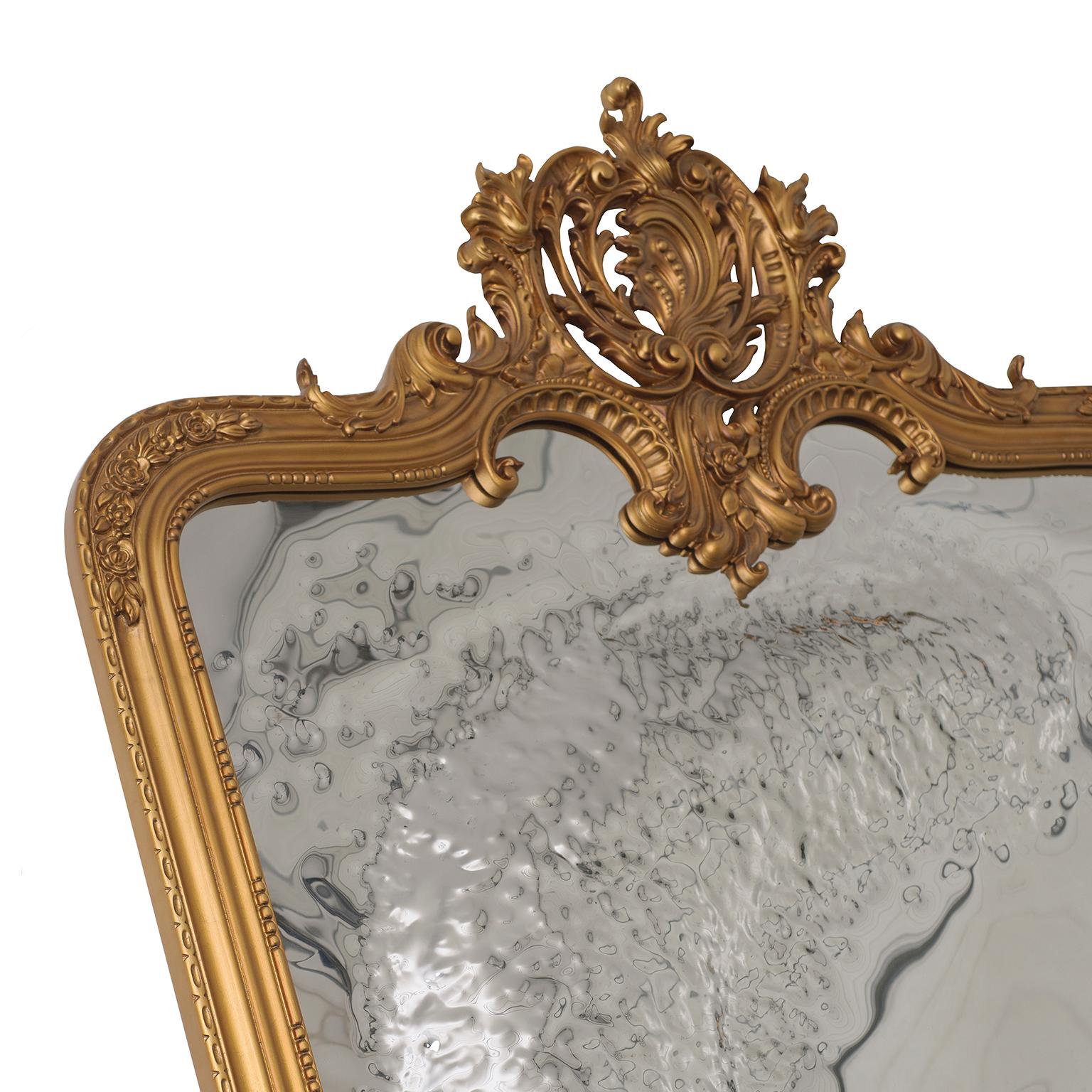 Baroque Modern Classic Imaginarium Wall Mirror, Gold Carved Wood and Polished Inox For Sale