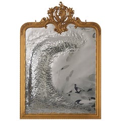 Modern Classic Imaginarium Wall Mirror, Gold Carved Wood and Polished Inox