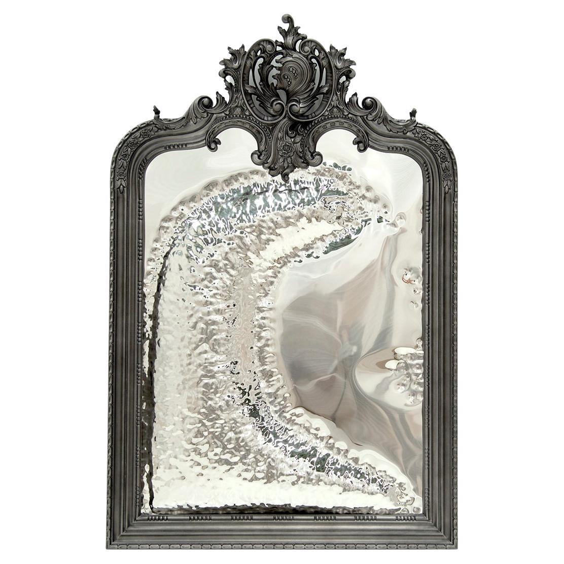 Modern Classic Imaginarium Wall Mirror in Black Carved Wood and Polished Inox