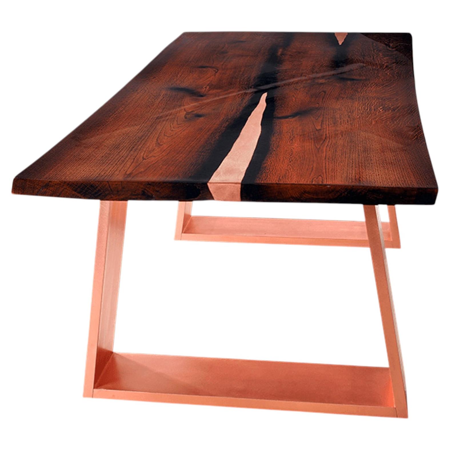 Modern Classic Live Edge Oak Wood, Copper Dining Table Lacquered Finish