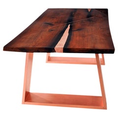 Modern Classic Live Edge Oak Wood, Copper Dining Table Lacquered Finish