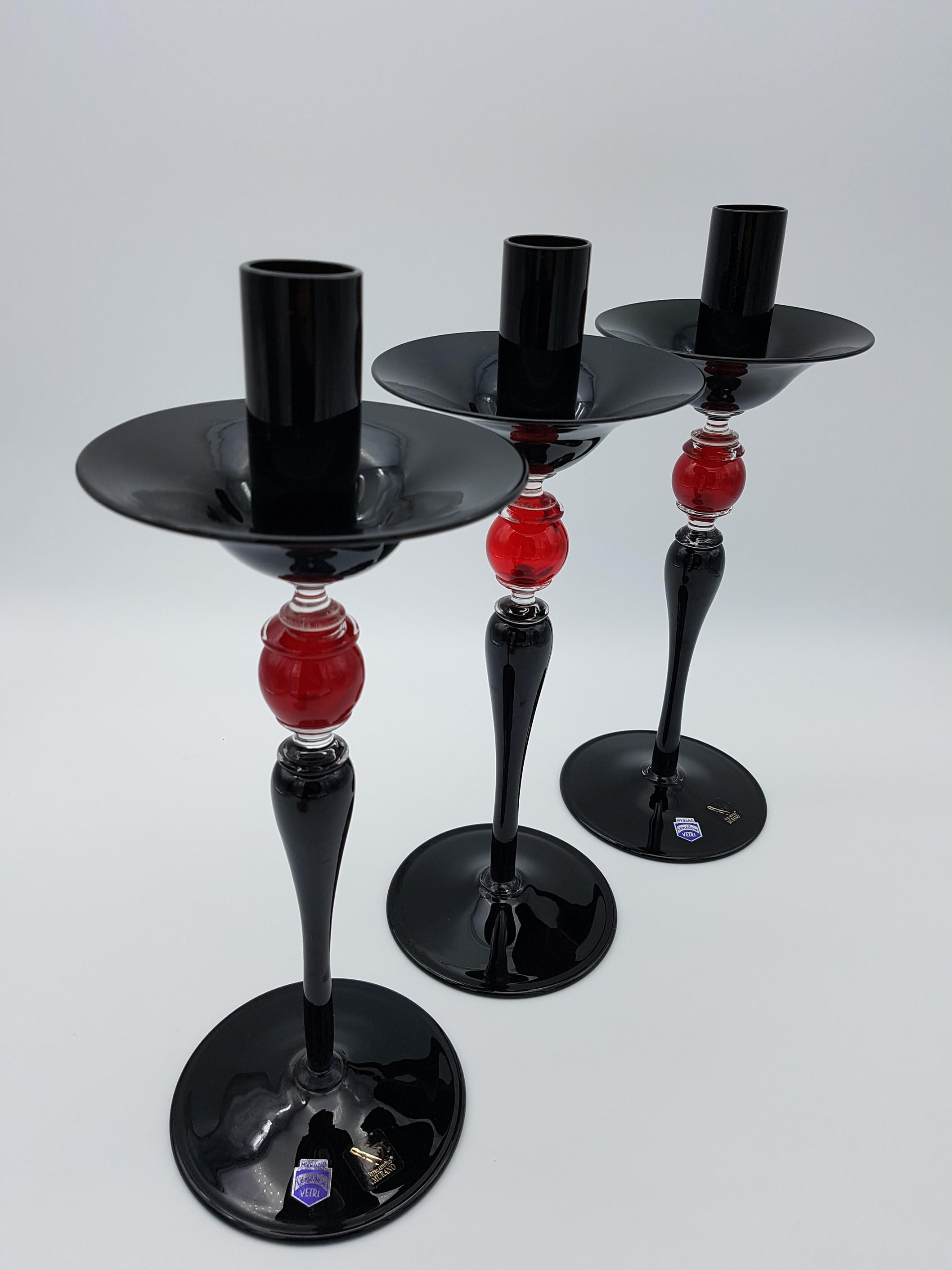 Modern Classic Murano Glass Candlesticks, Black and Red Color by Cenedese, 2007 For Sale 5