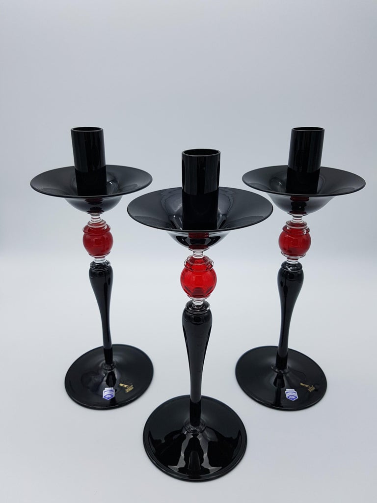 Modern Classic Murano Glass Candlesticks, Black and Red Color by