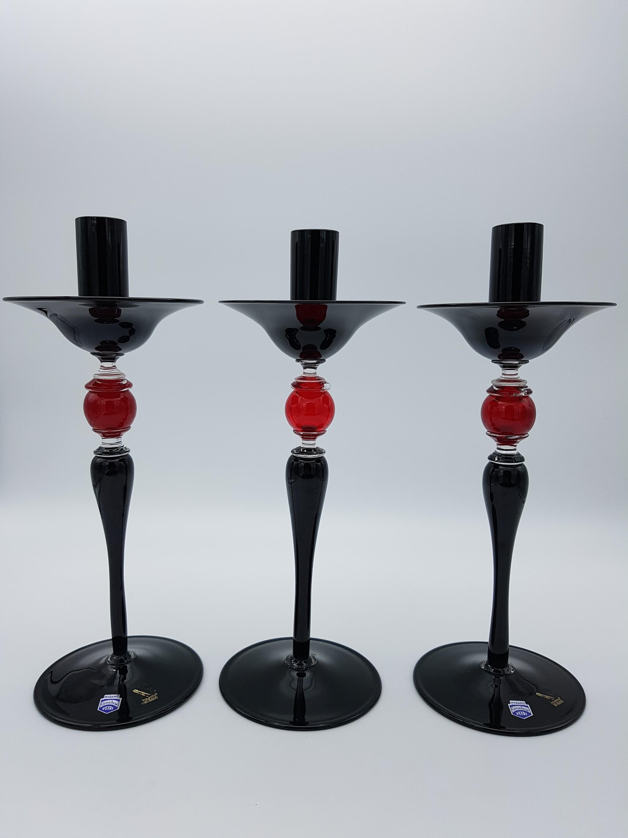 Italian Modern Classic Murano Glass Candlesticks, Black and Red Color by Cenedese, 2007 For Sale