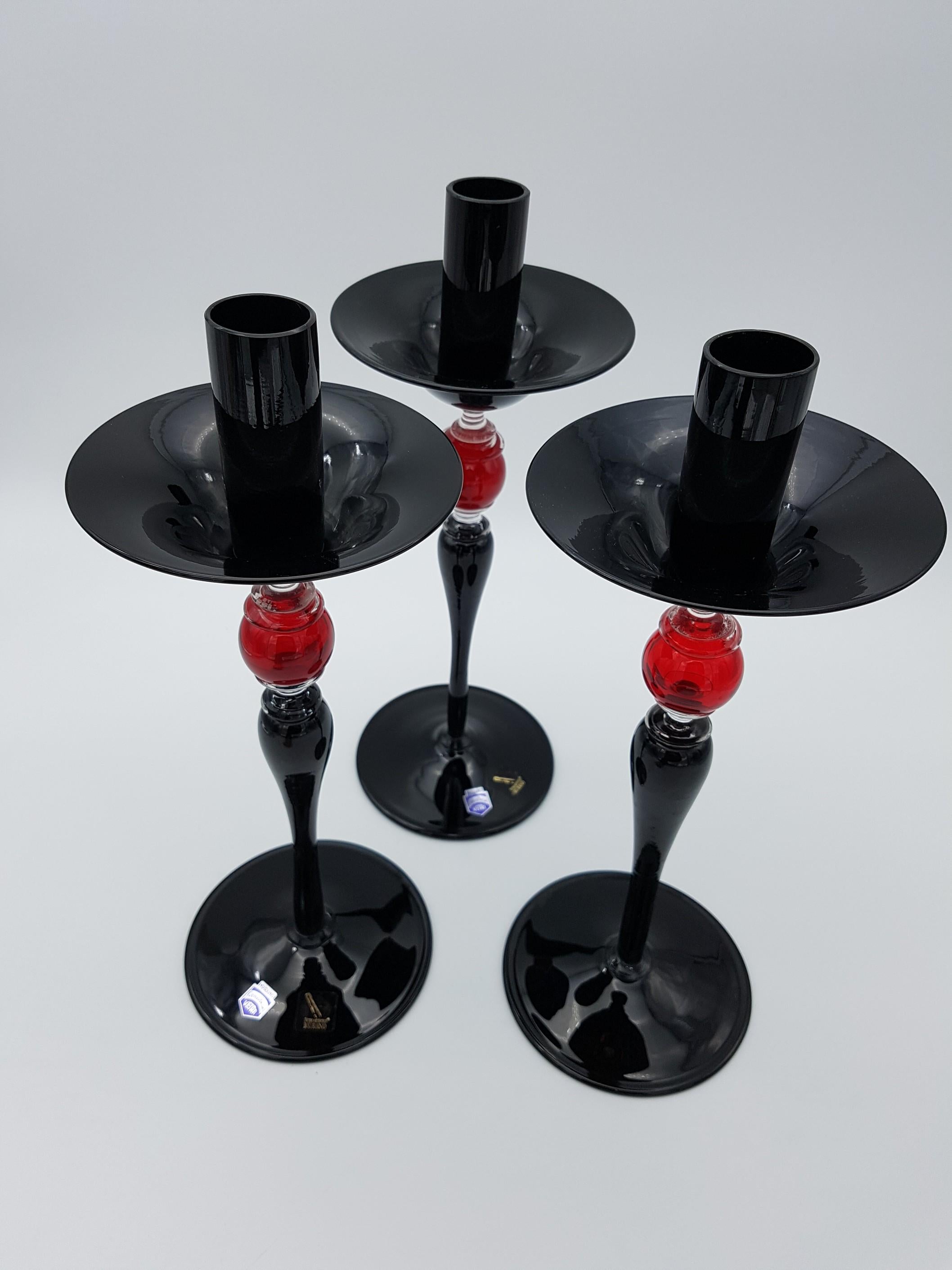 Modern Classic Murano Glass Candlesticks, Black and Red Color by Cenedese, 2007 For Sale 3
