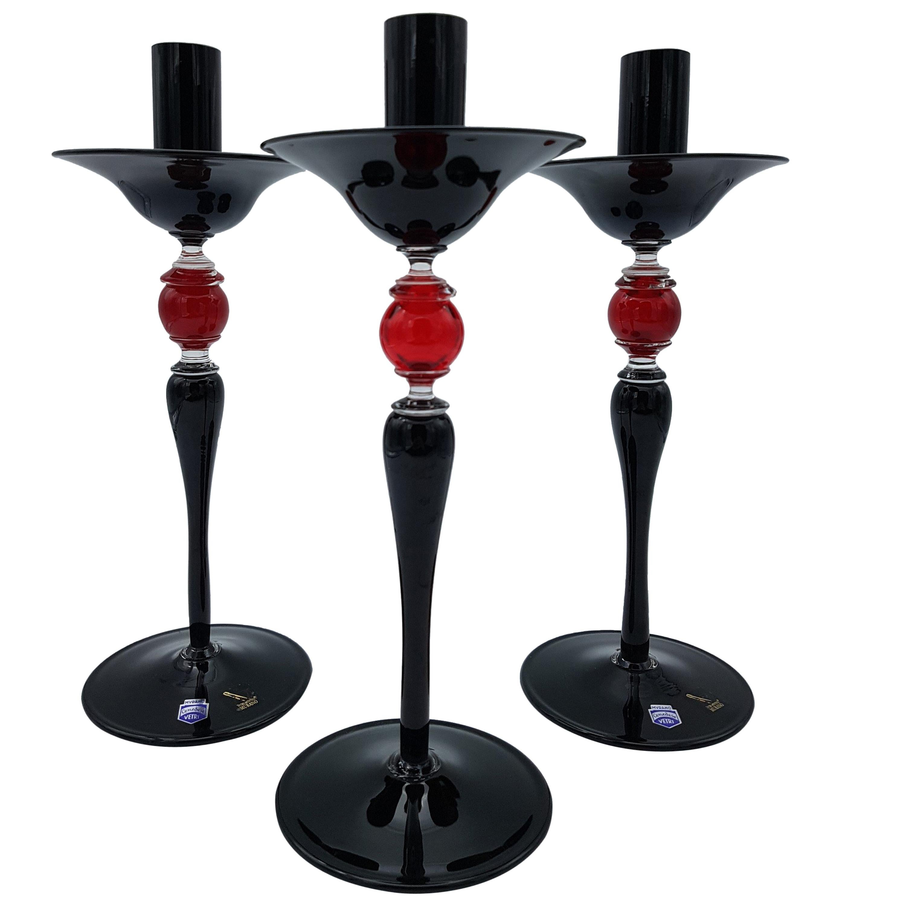 Modern Classic Murano Glass Candlesticks, Black and Red Color by Cenedese, 2007 For Sale