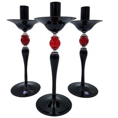 Modern Classic Murano Glass Candlesticks, Black and Red Color by Cenedese, 2007