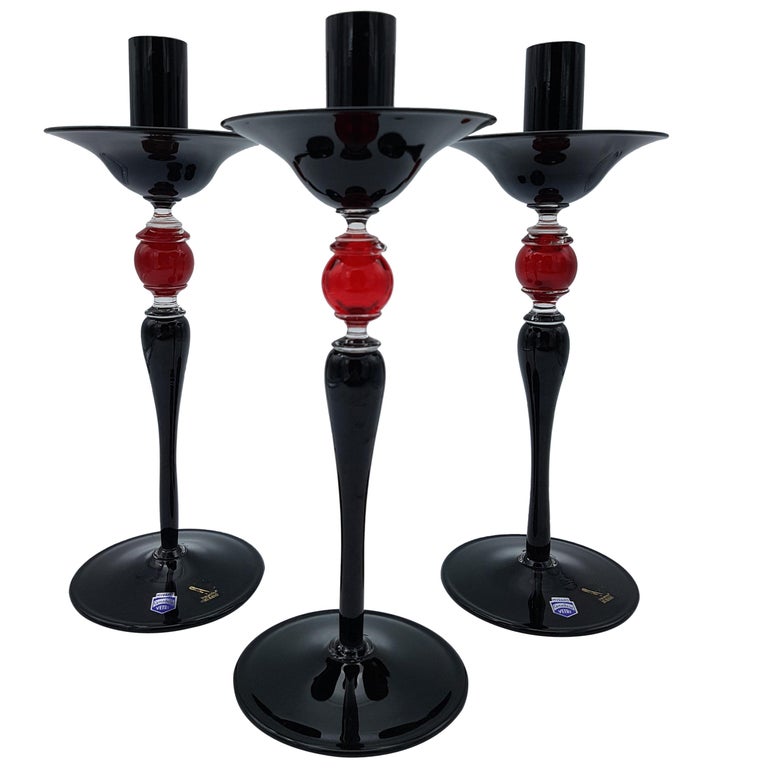 Modern Classic Murano Glass Candlesticks, Black and Red Color by