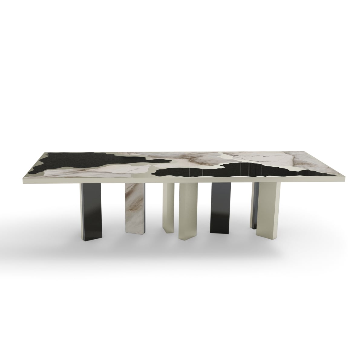 Modern Classic Grava Dining Table by Covet House is a dining table in  metal champagne, black lacquer, and the Patagonia marble. Creating the same illusion of this soil this opulent item, with its four modern legs, also plays with the use of the