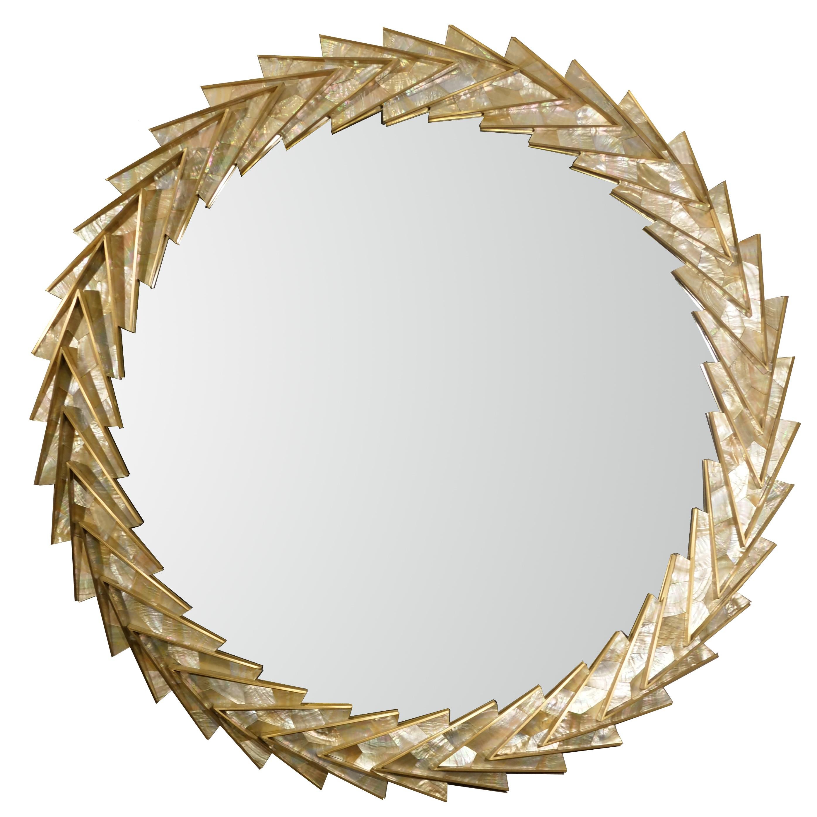 Modern Classic Round Mirror Brass with Mother-of-Pearl Triangles, in Stock For Sale