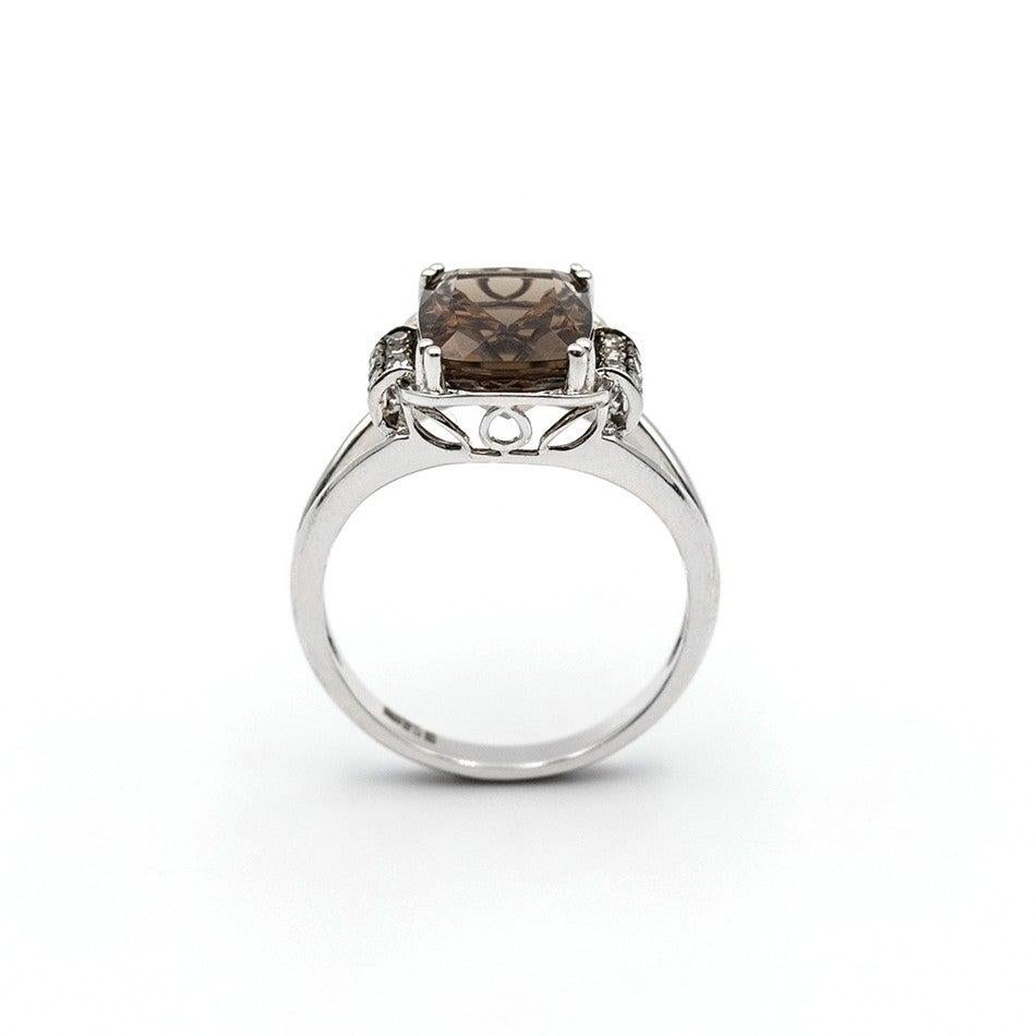 For Sale:  Modern Classic Smoky Quartz Brown Diamond White Gold 14 Karat Ring 2