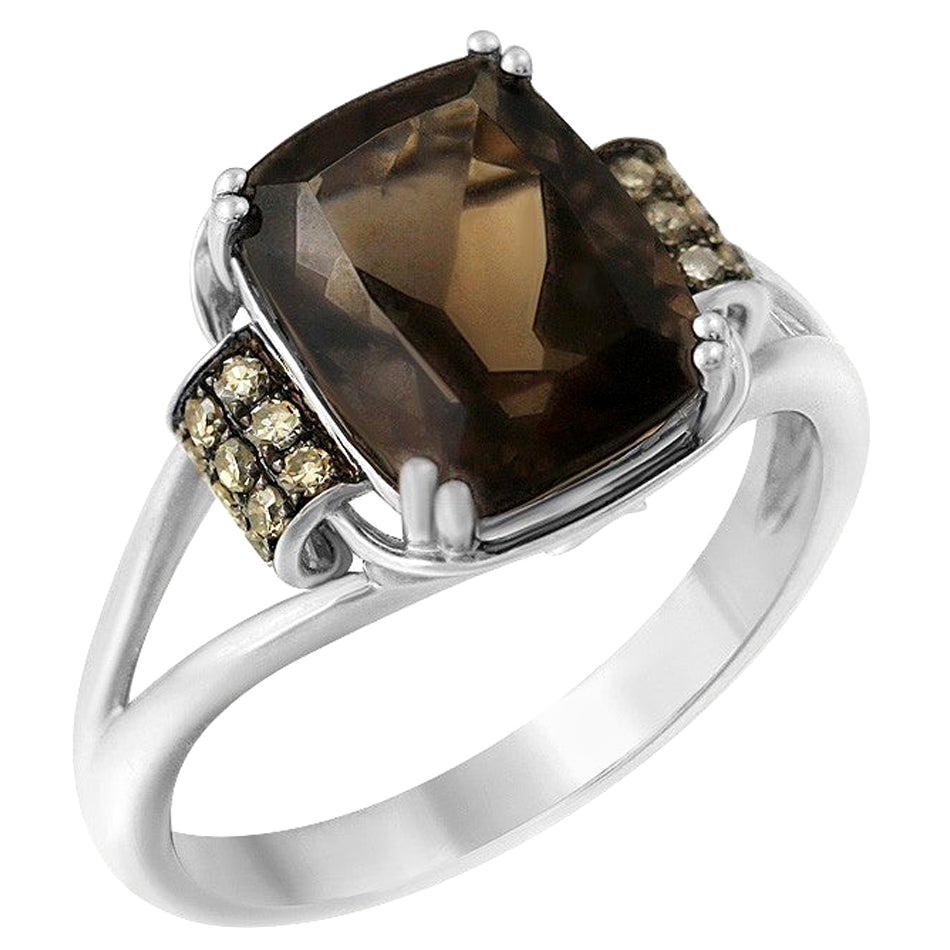 Modern Classic Smoky Quartz Brown Diamond White Gold 14 Karat Ring