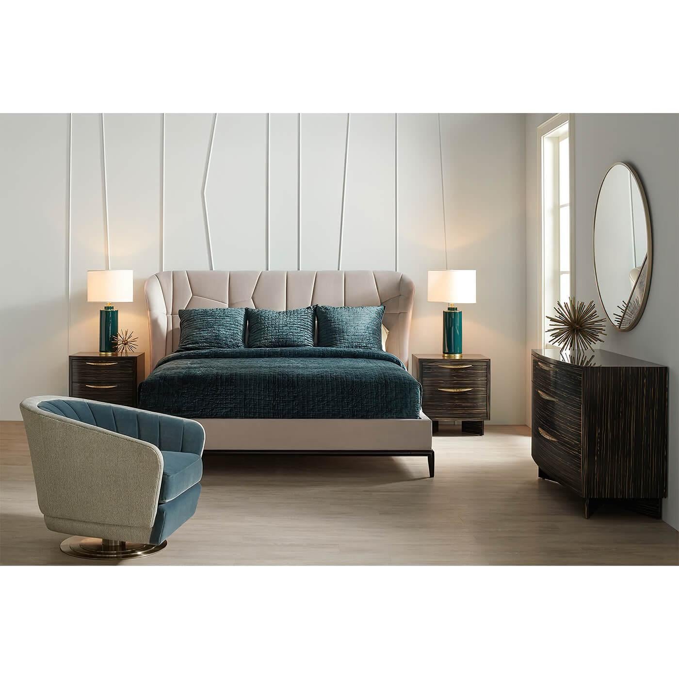 Asian Modern Classic Upholstered King Bed For Sale