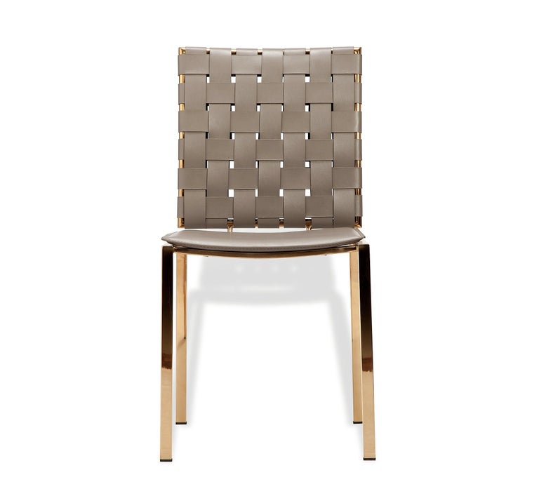 Set of 6, Modern Woven Leather Dining Chairs in Taupe with Gold Base