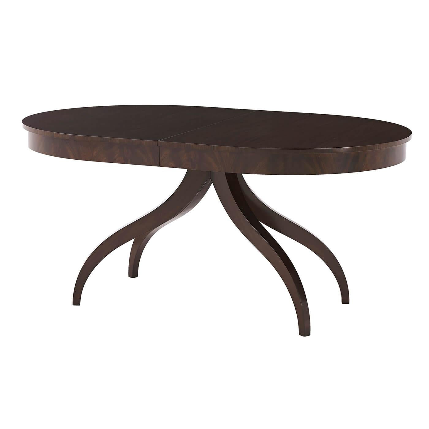 Modern Classical extension dining table with a mocha finish mahogany veneer on brass castors with one self-storing extensions leaf.
One self-storing extension leaf
Dimensions:
Open - 88