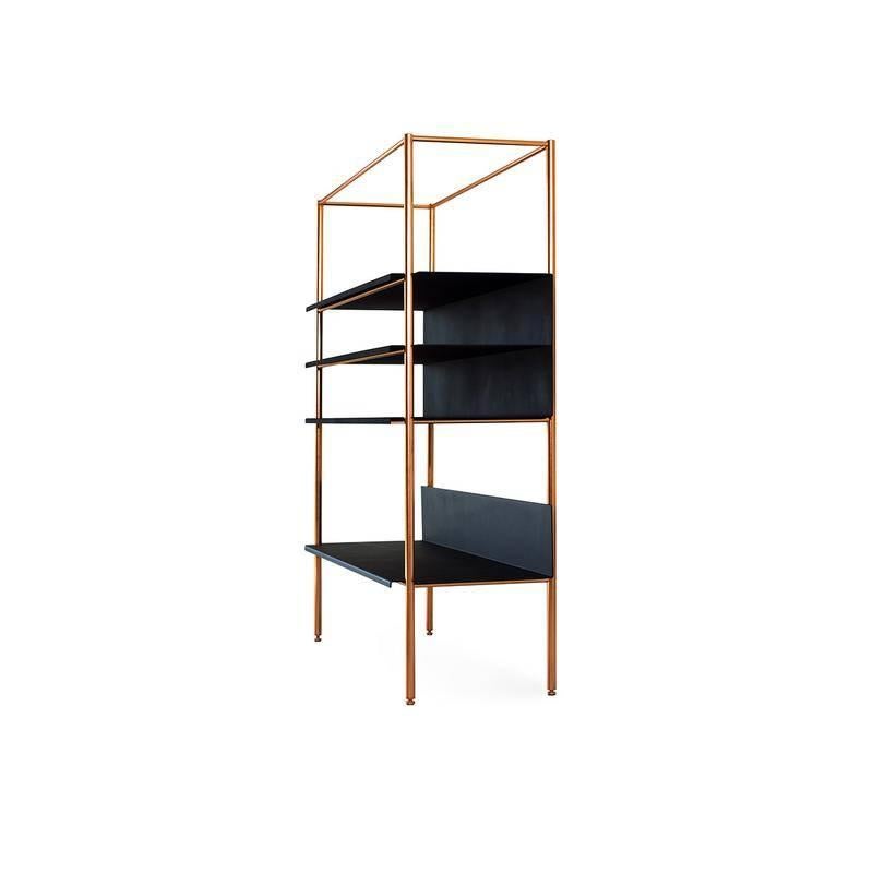 This classically styled library is composed of powder coated steel shelves and a copper structure which strikes a finely tuned balance between both masculine and feminine style sensibilities. Customize it with a lighter color value pallet to take