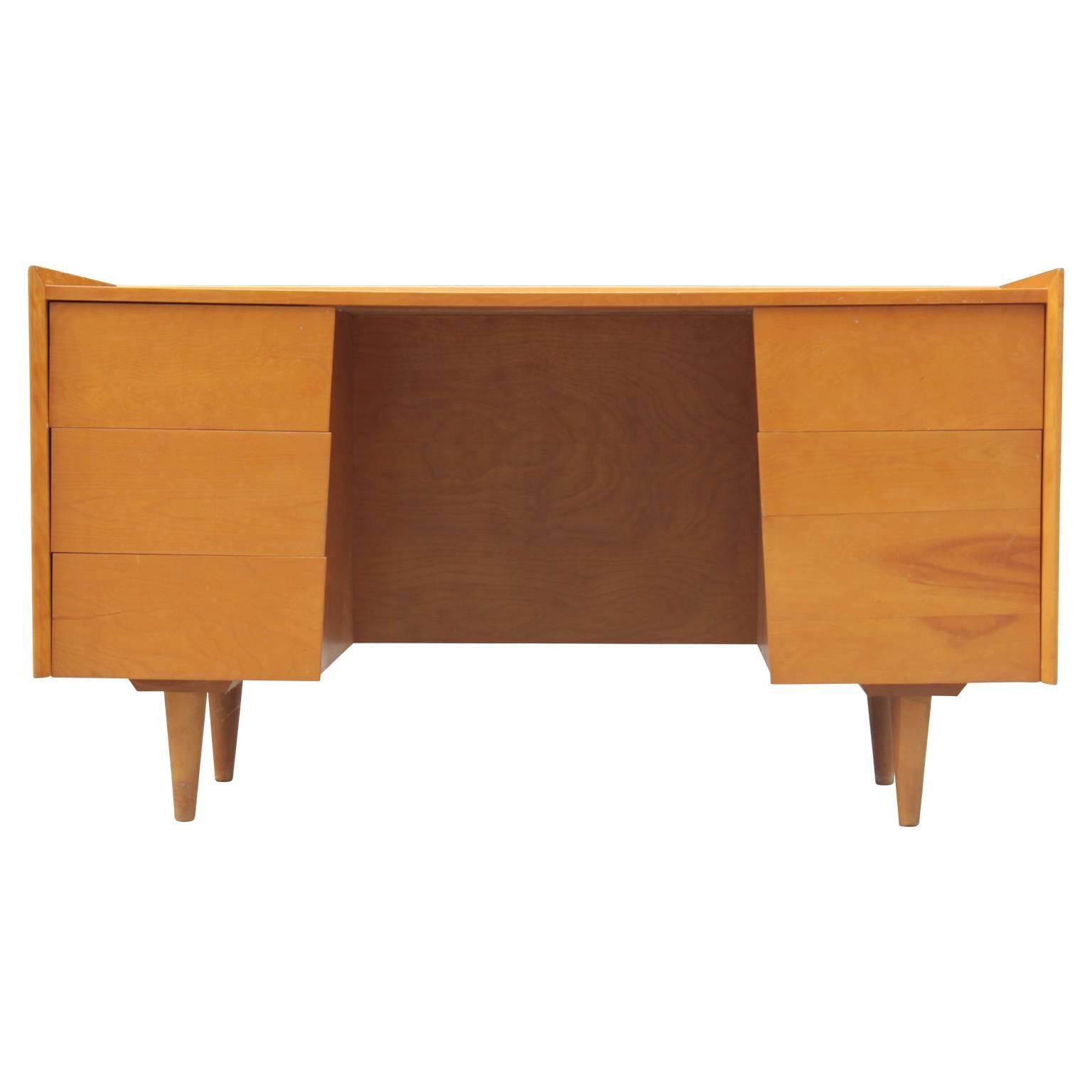 Mid-Century Modern Modern Clean Lined Jens Risom Six Drawer Two Paneled Maple Wood Desk