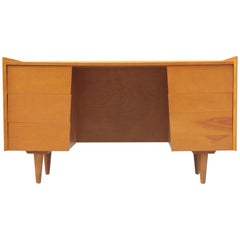 Modern Clean Lined Jens Risom Six Drawer Two Paneled Maple Wood Desk