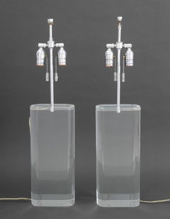 Modern Clear Acrylic and Chrome Table Lamps, Pair