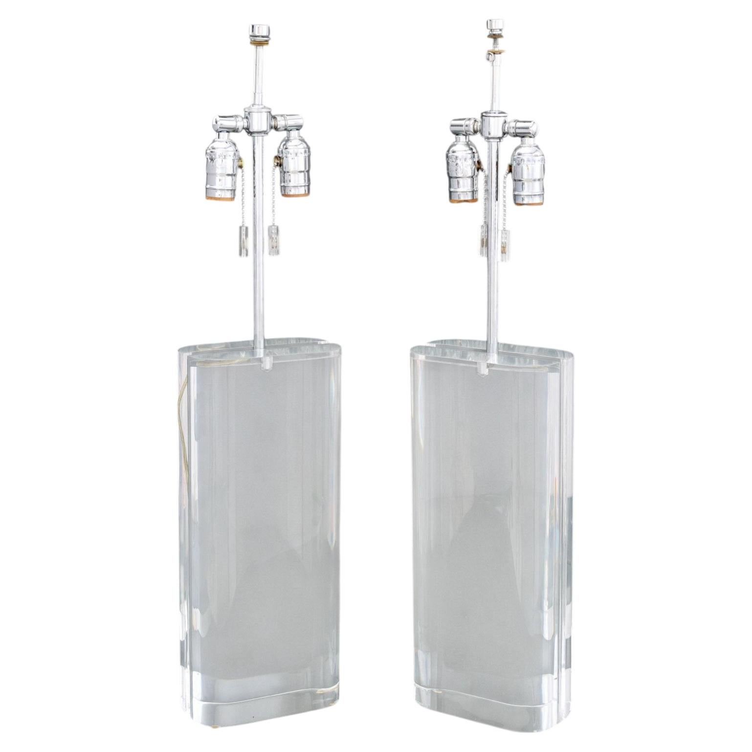 Pair of Modern Clear Acrylic and Chrome Table Lamps