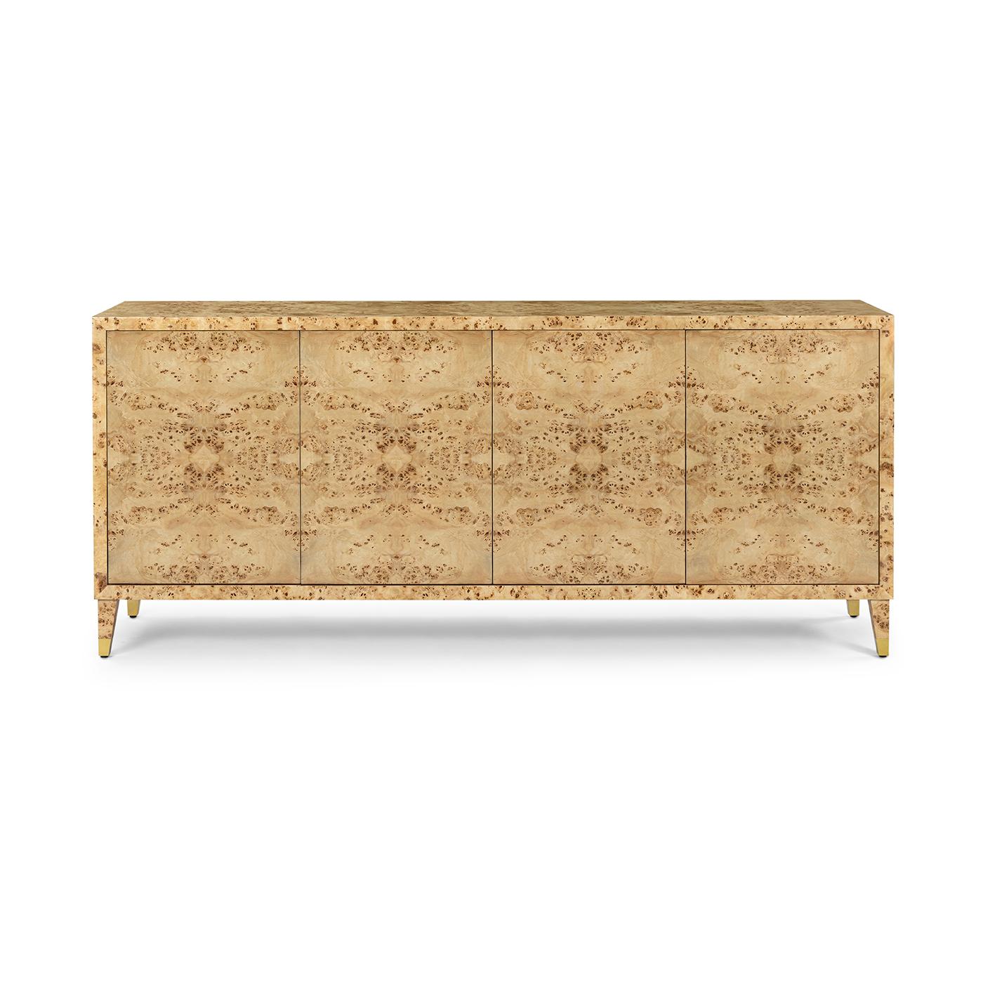 Mit seinen vier Türen aus Wurzelholz, die von einer abgeschrägten Kante eingerahmt werden, strahlt dieses Sideboard schlichte Eleganz aus.

Der Innenraum bietet eine praktische Aufteilung mit Schubladen und Fächern, die sich perfekt für die