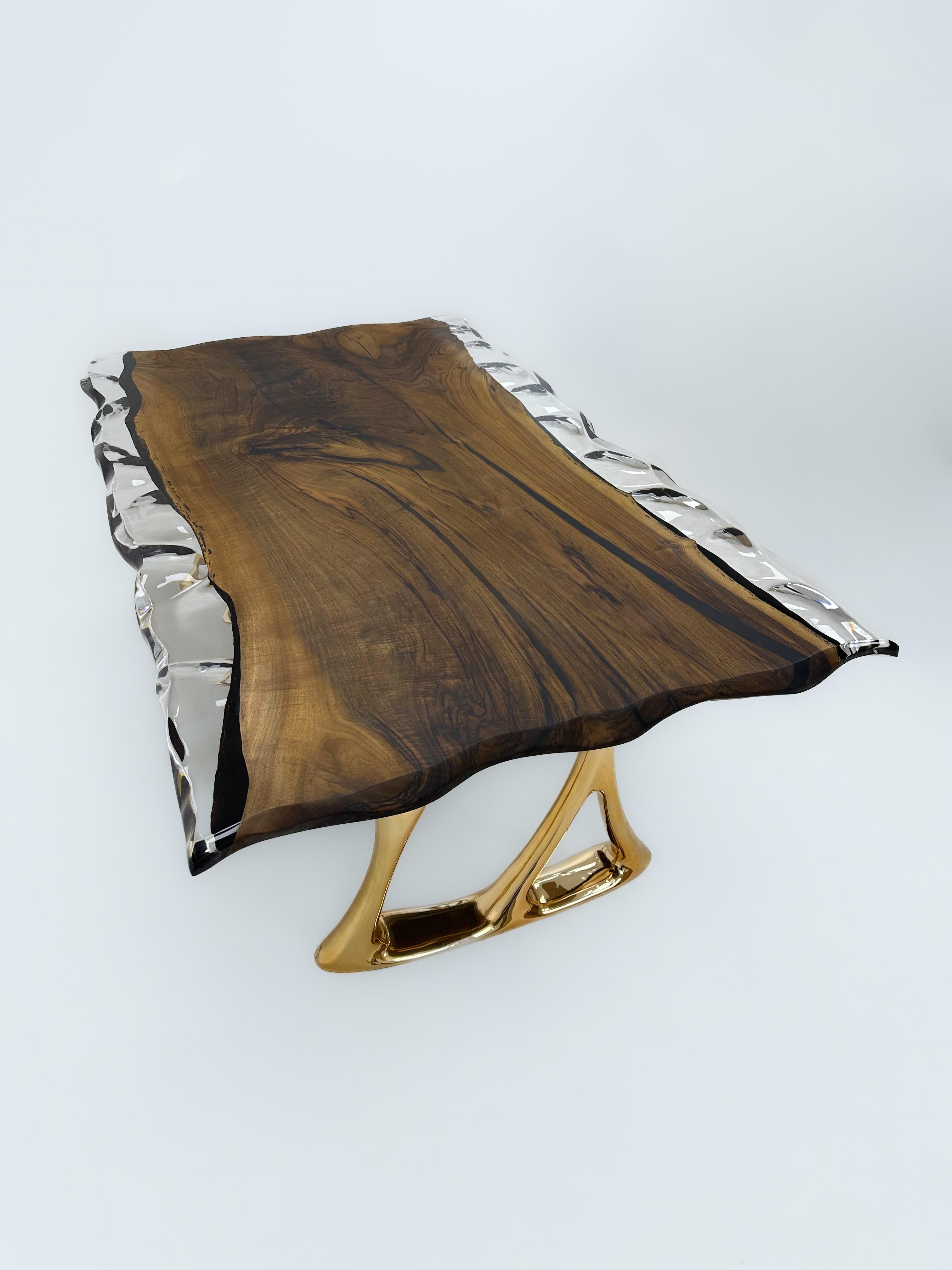 Aluminum Custom Clear Epoxy Resin Walnut Wood Dining Table - Natural Wood Table For Sale