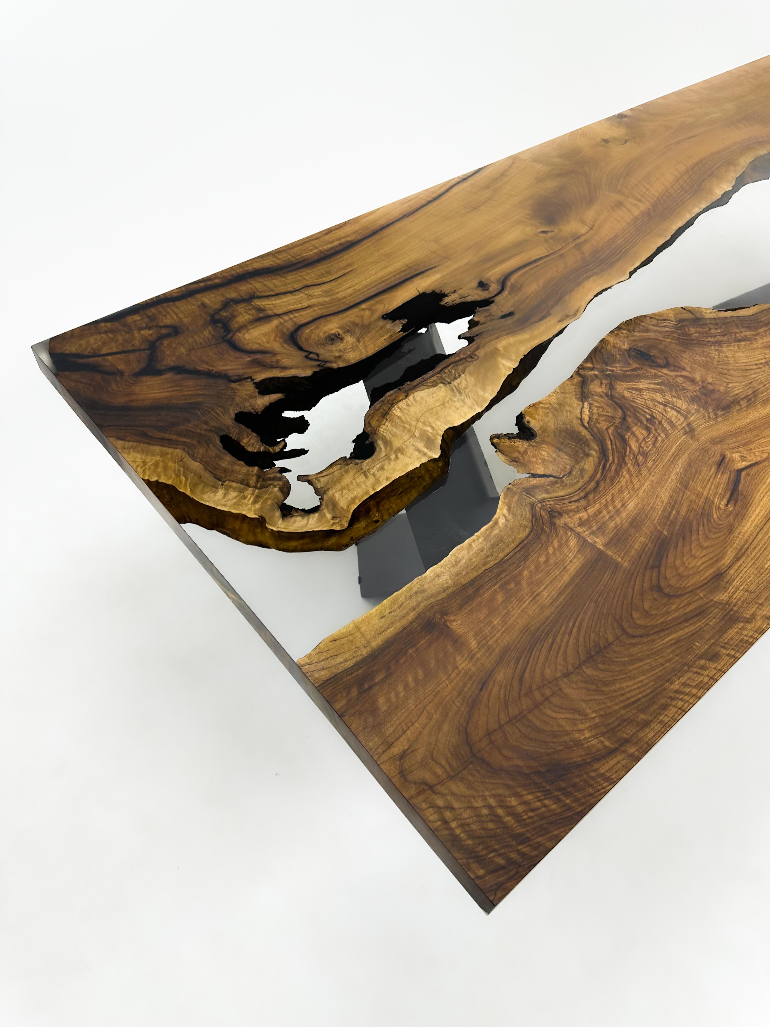 Modern River Epoxy Resin Solid Wood Walnut Dining Table - Custom Wooden Table For Sale