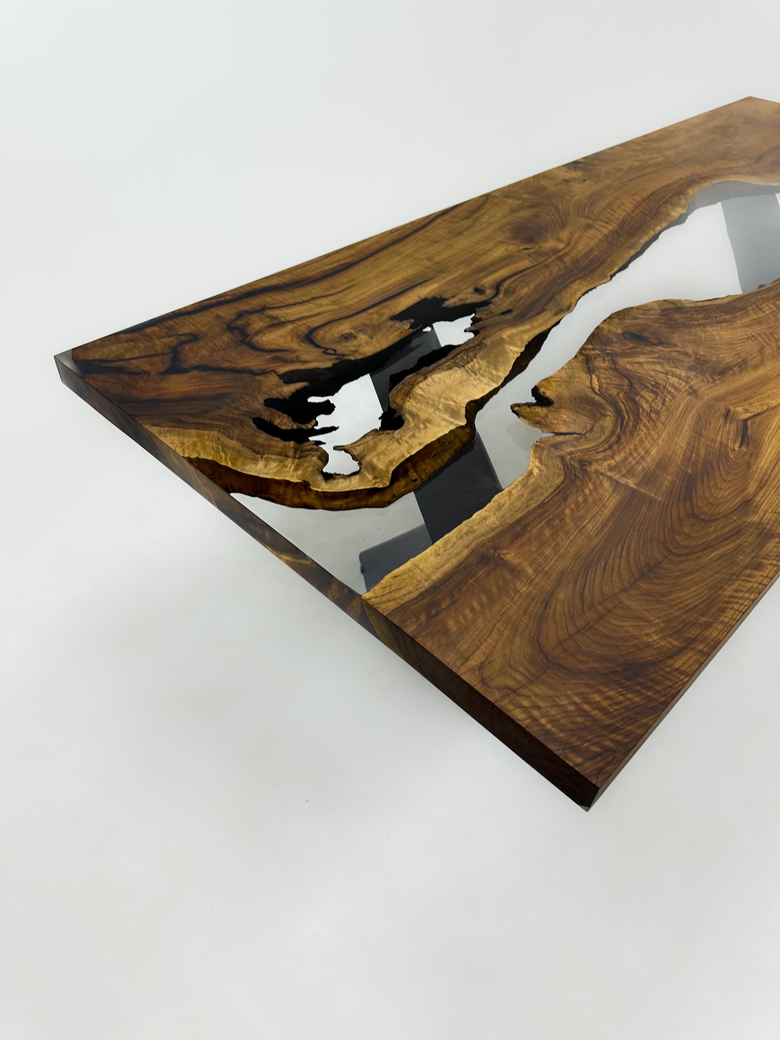 Brushed River Epoxy Resin Solid Wood Walnut Dining Table - Custom Wooden Table For Sale