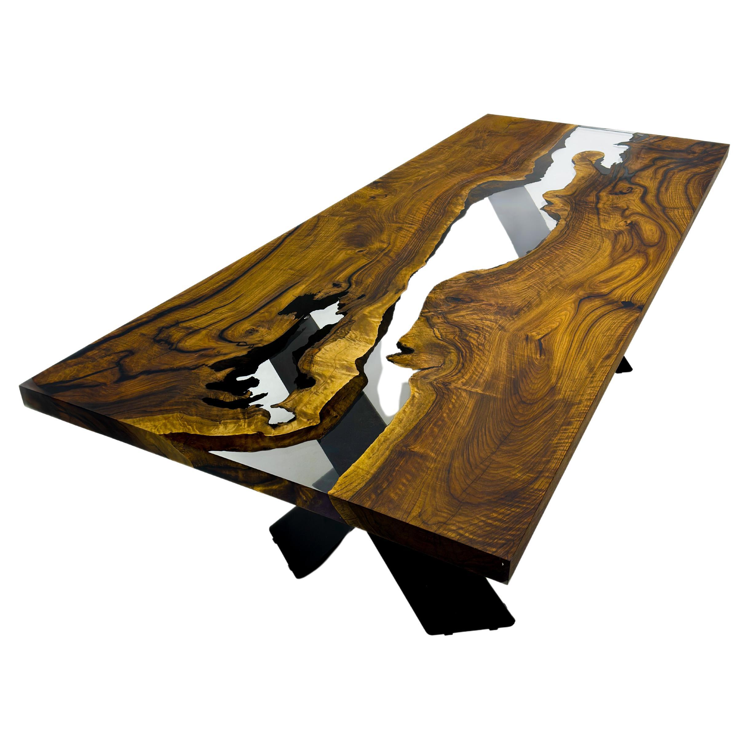 River Epoxy Resin Solid Wood Walnut Dining Table - Custom Wooden Table For Sale