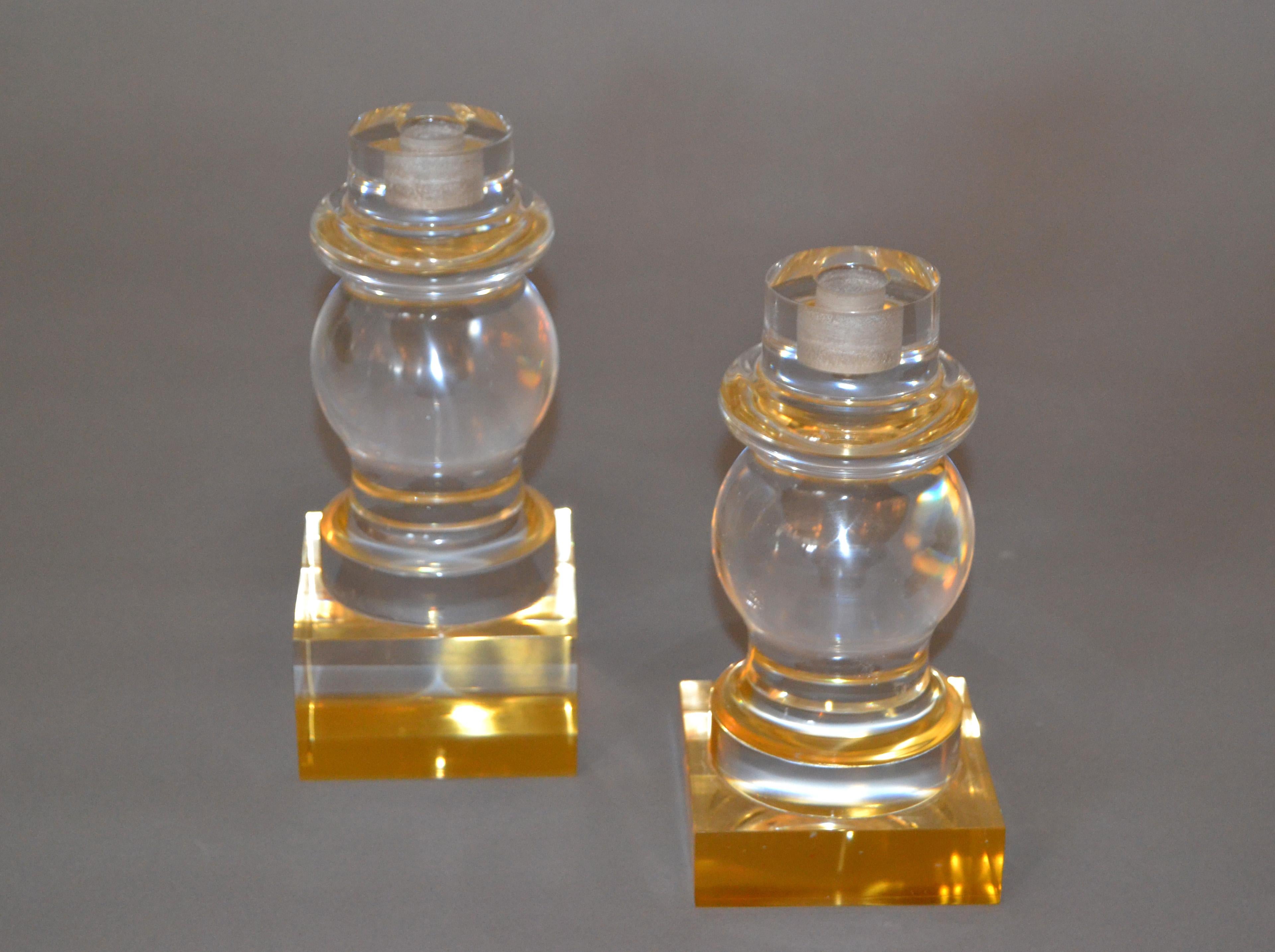 American Modern Clear and Gold Turned Acrylic Candleholders Candlesticks - Pair For Sale