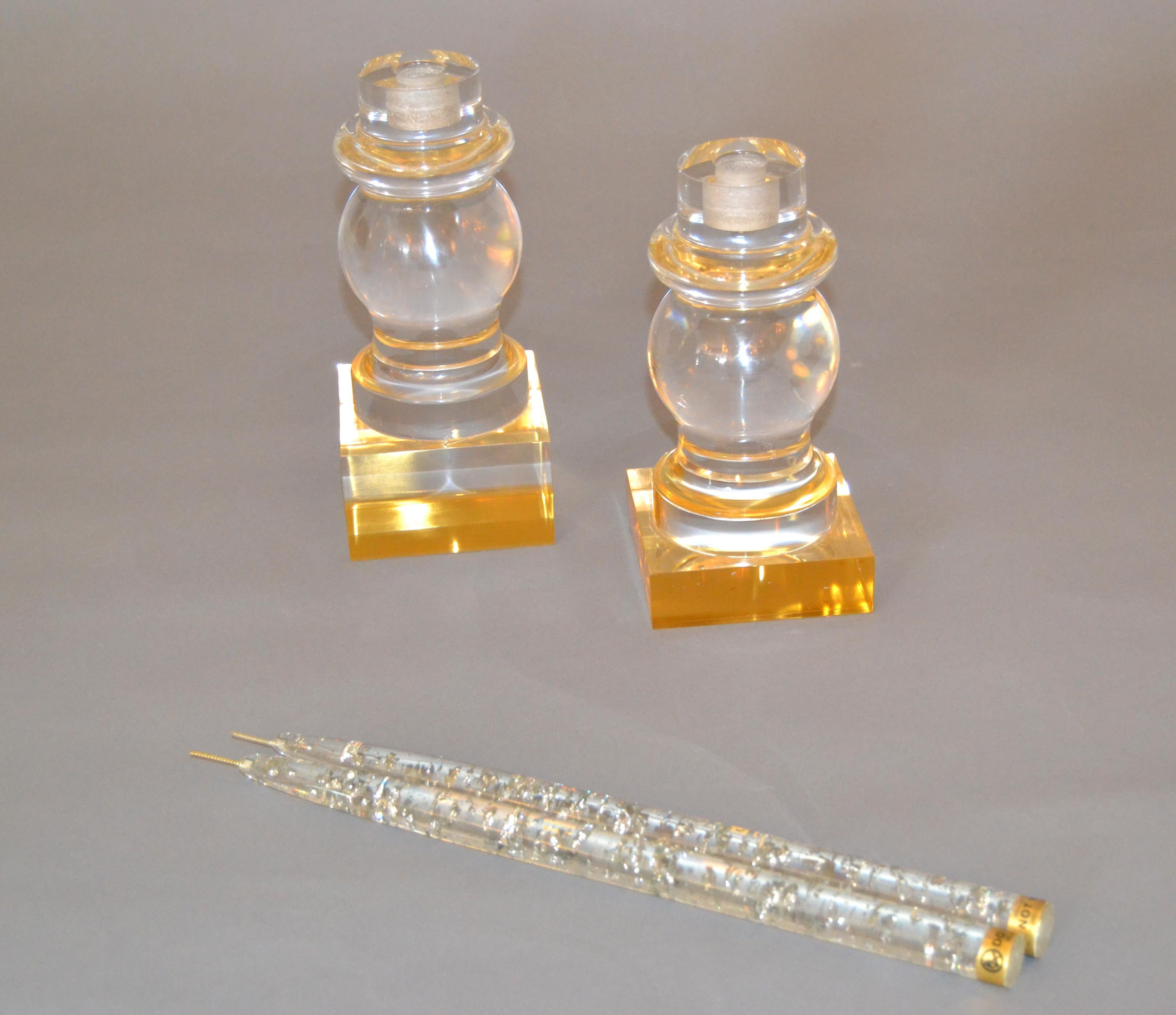 Contemporary Modern Clear and Gold Turned Acrylic Candleholders Candlesticks - Pair For Sale