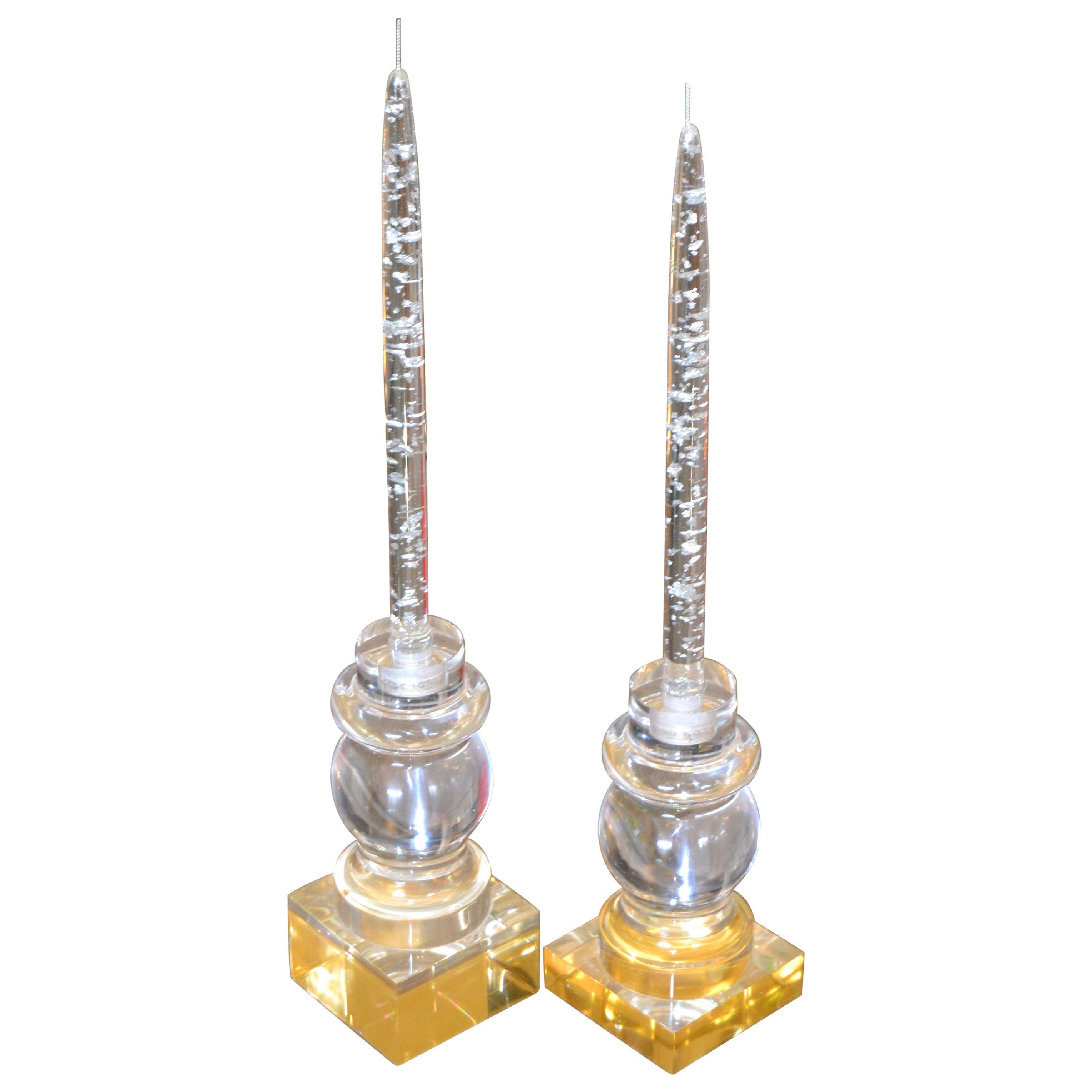 Modern Clear and Gold Turned Acrylic Candleholders, Candlesticks, Pair