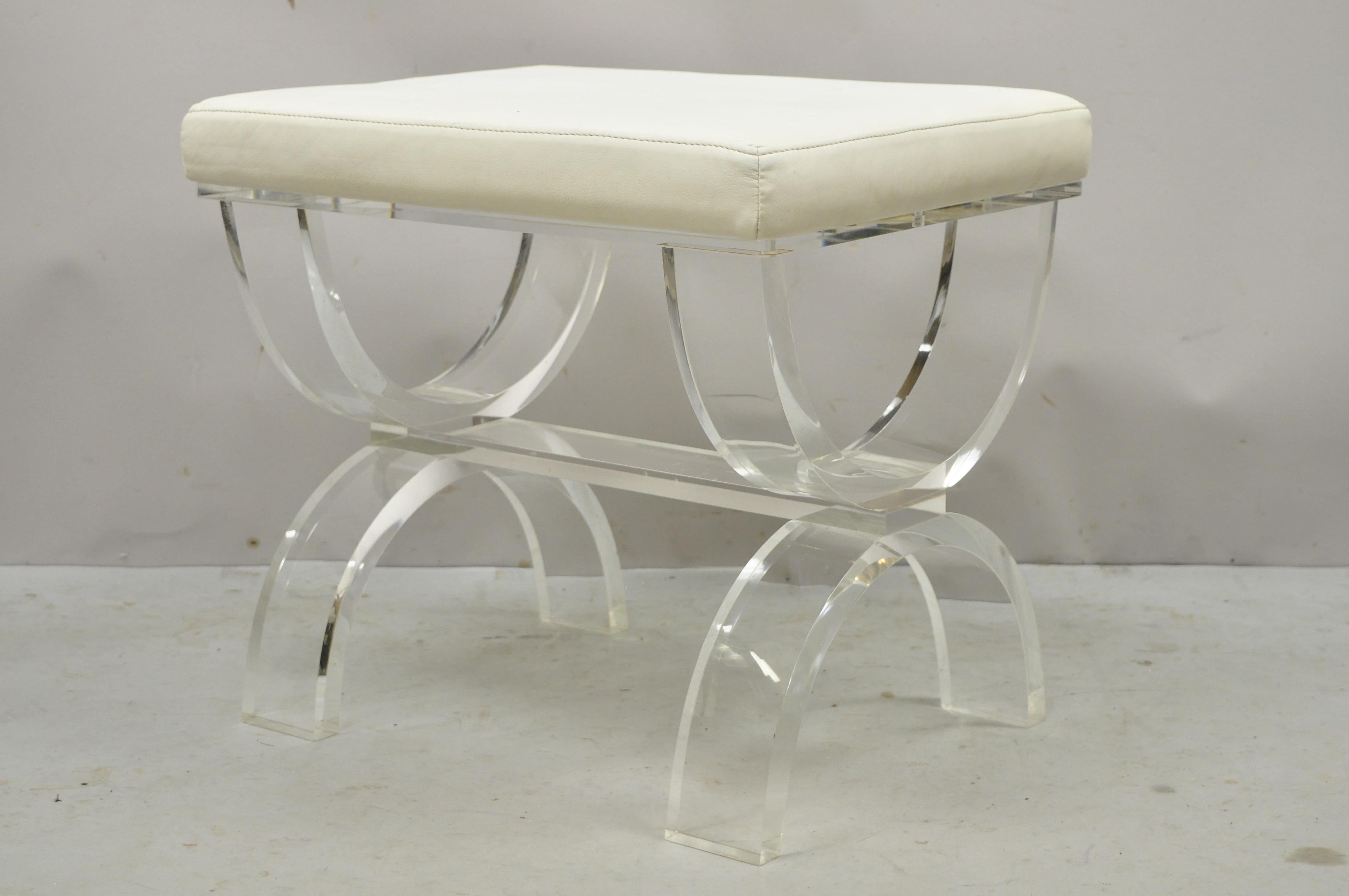 Modern Clear Lucite Acrylic Mid Century X-Frame Vanity Bench Stool 1