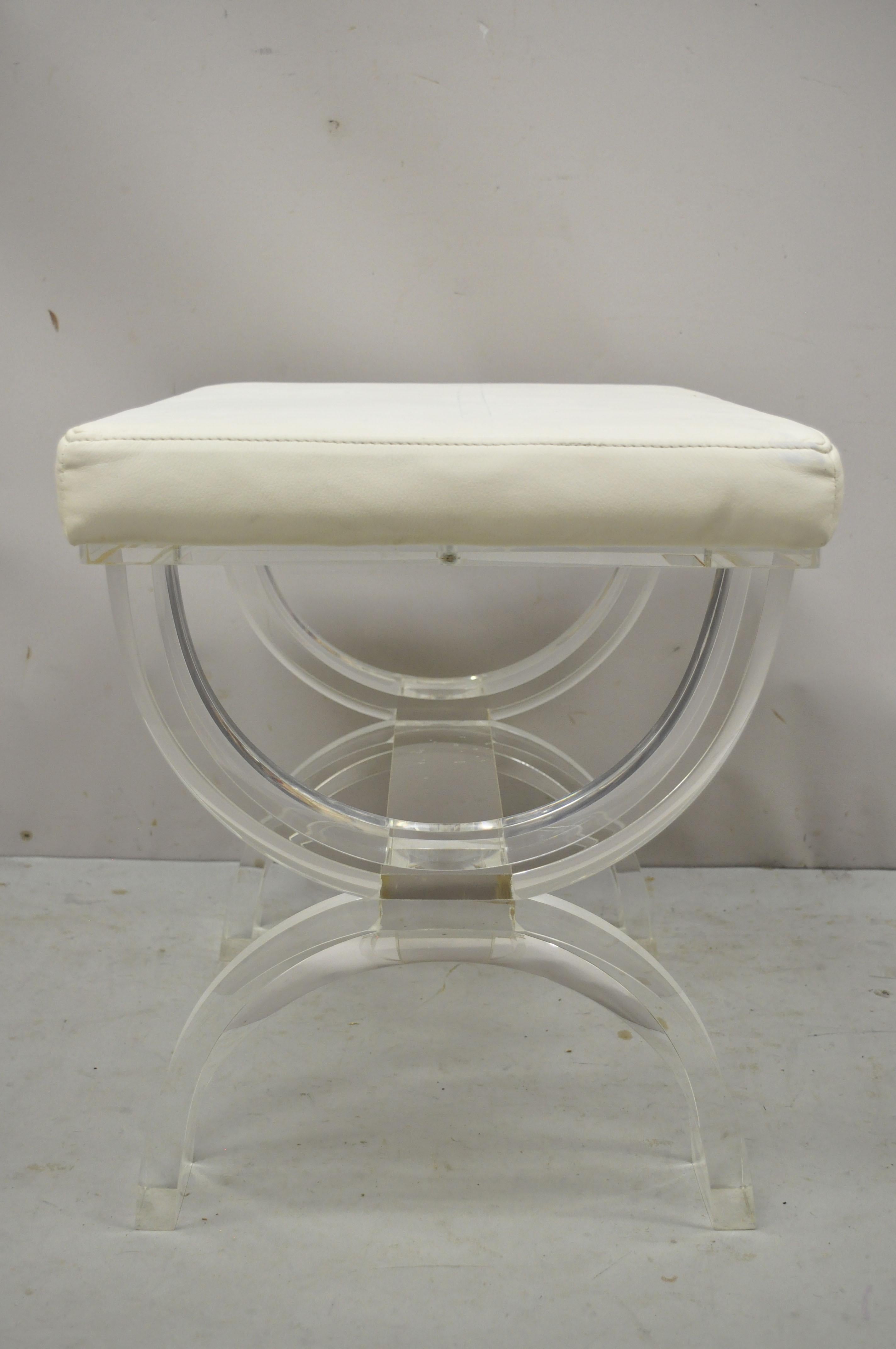Modern Clear Lucite Acrylic Mid Century X-Frame Vanity Bench Stool In Good Condition In Philadelphia, PA