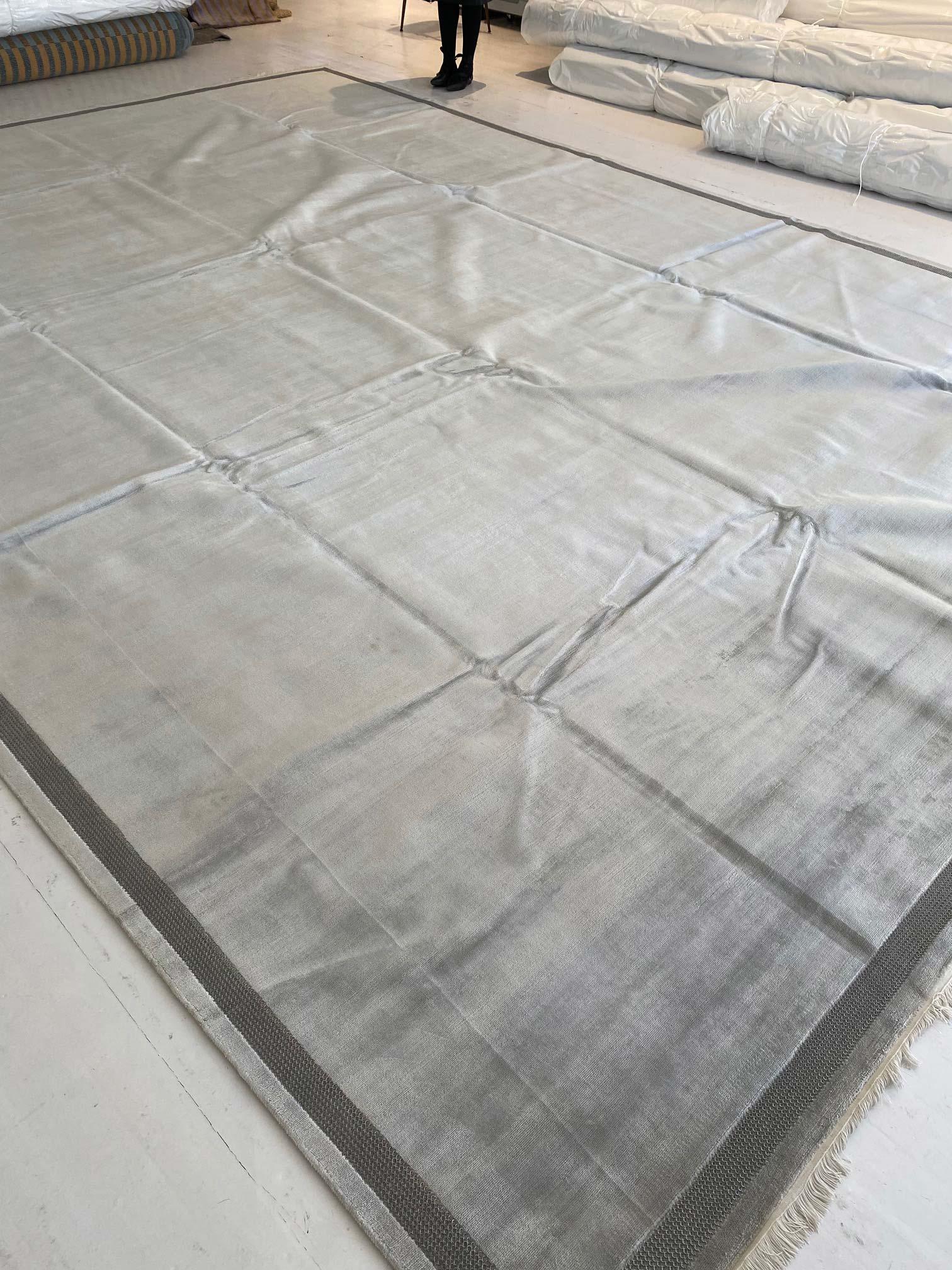 Modern Cloud Blue Silk Rug with Metal Chain Border by Doris Leslie Blau
Size: 12'1