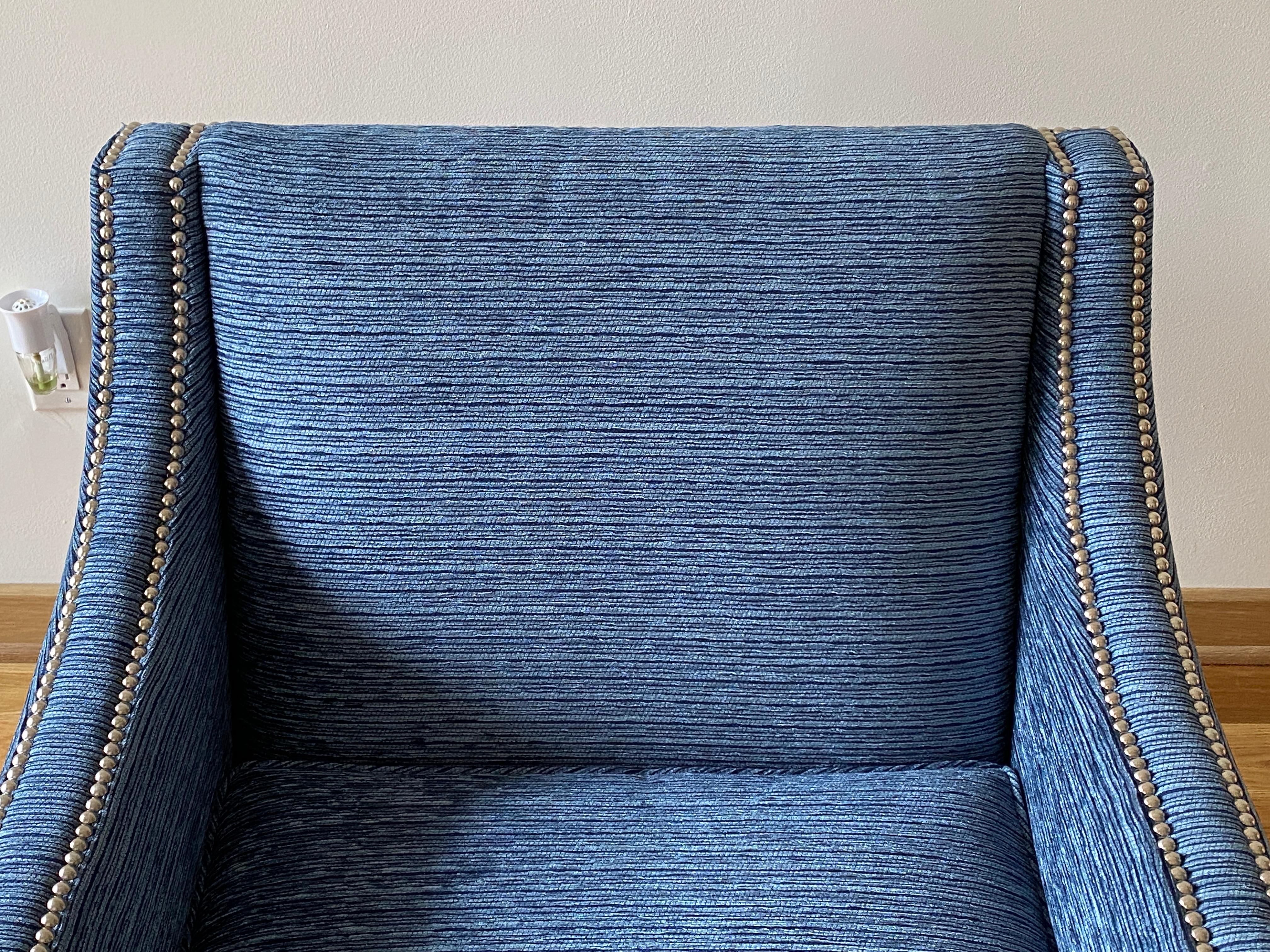 American Modern Club Chairs in Blue Performance Fabric with Nickel Nailhead Trim, Pair