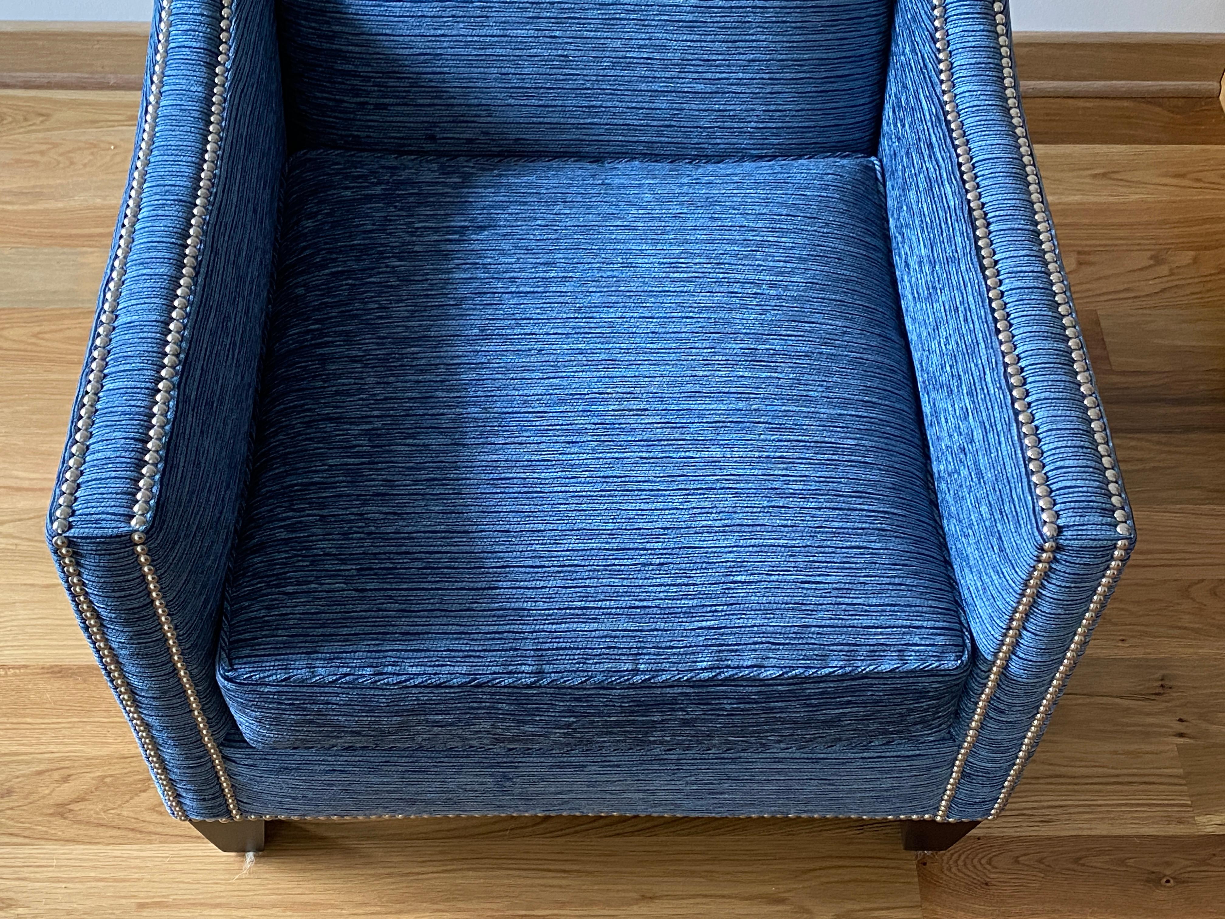 Modern Club Chairs in Blue Performance Fabric with Nickel Nailhead Trim, Pair In Good Condition In Richmond, VA