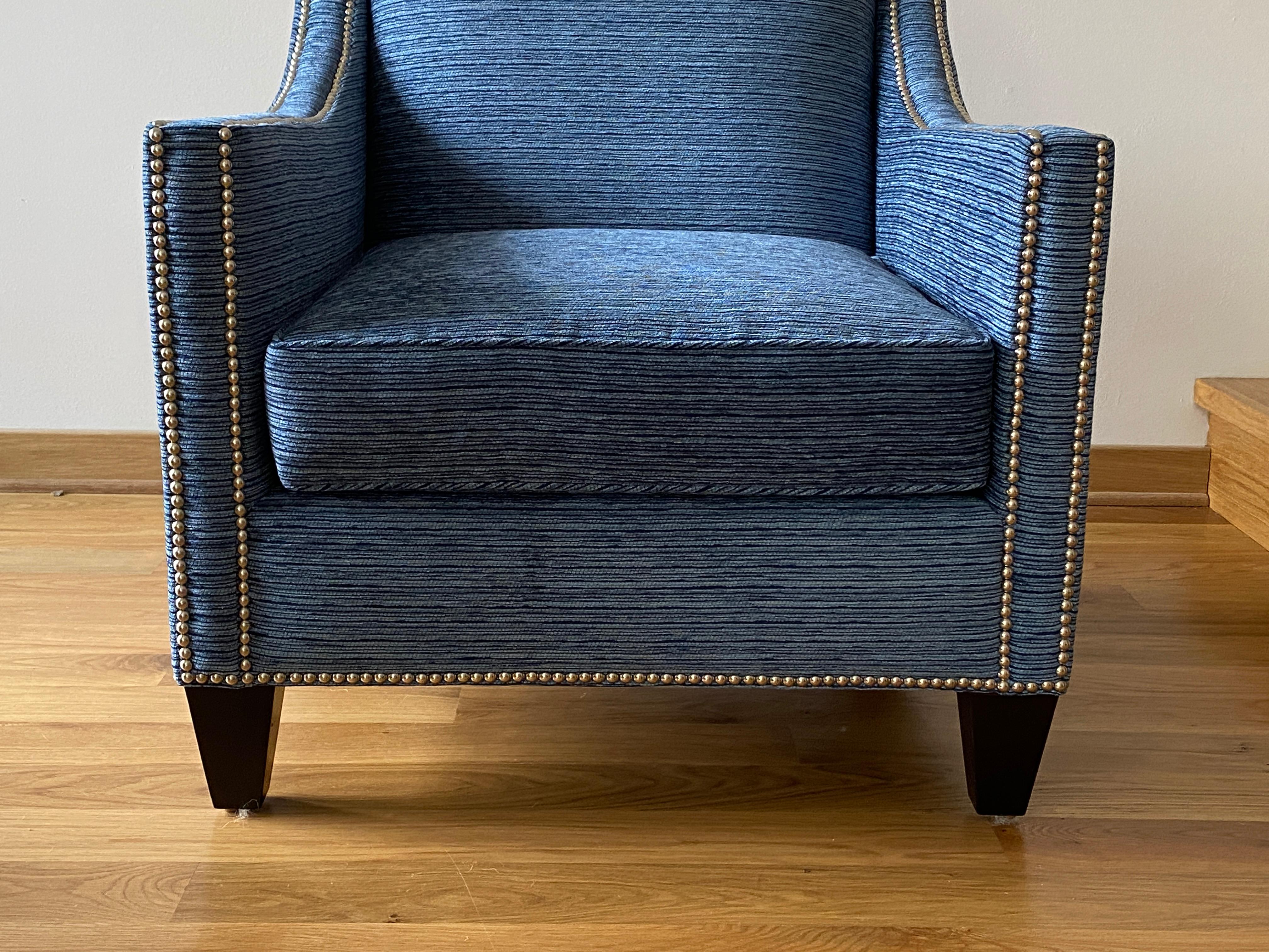 Contemporary Modern Club Chairs in Blue Performance Fabric with Nickel Nailhead Trim, Pair