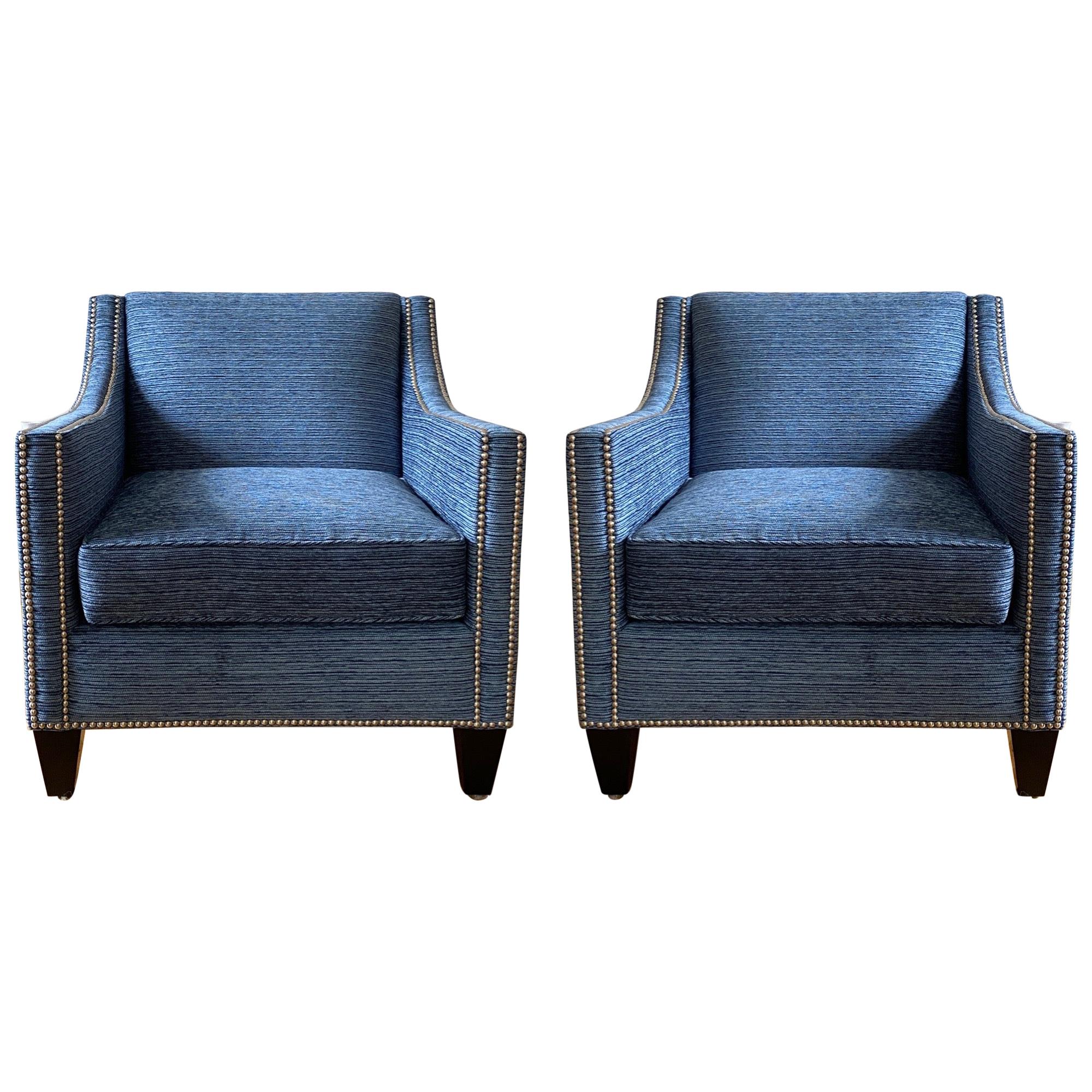 Modern Club Chairs in Blue Performance Fabric with Nickel Nailhead Trim, Pair
