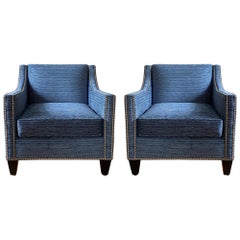 Modern Club Chairs in Blue Performance Fabric with Nickel Nailhead Trim, Pair