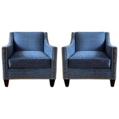 Modern Club Chairs in Blue Performance Fabric with Nickel Nailhead Trim, Pair