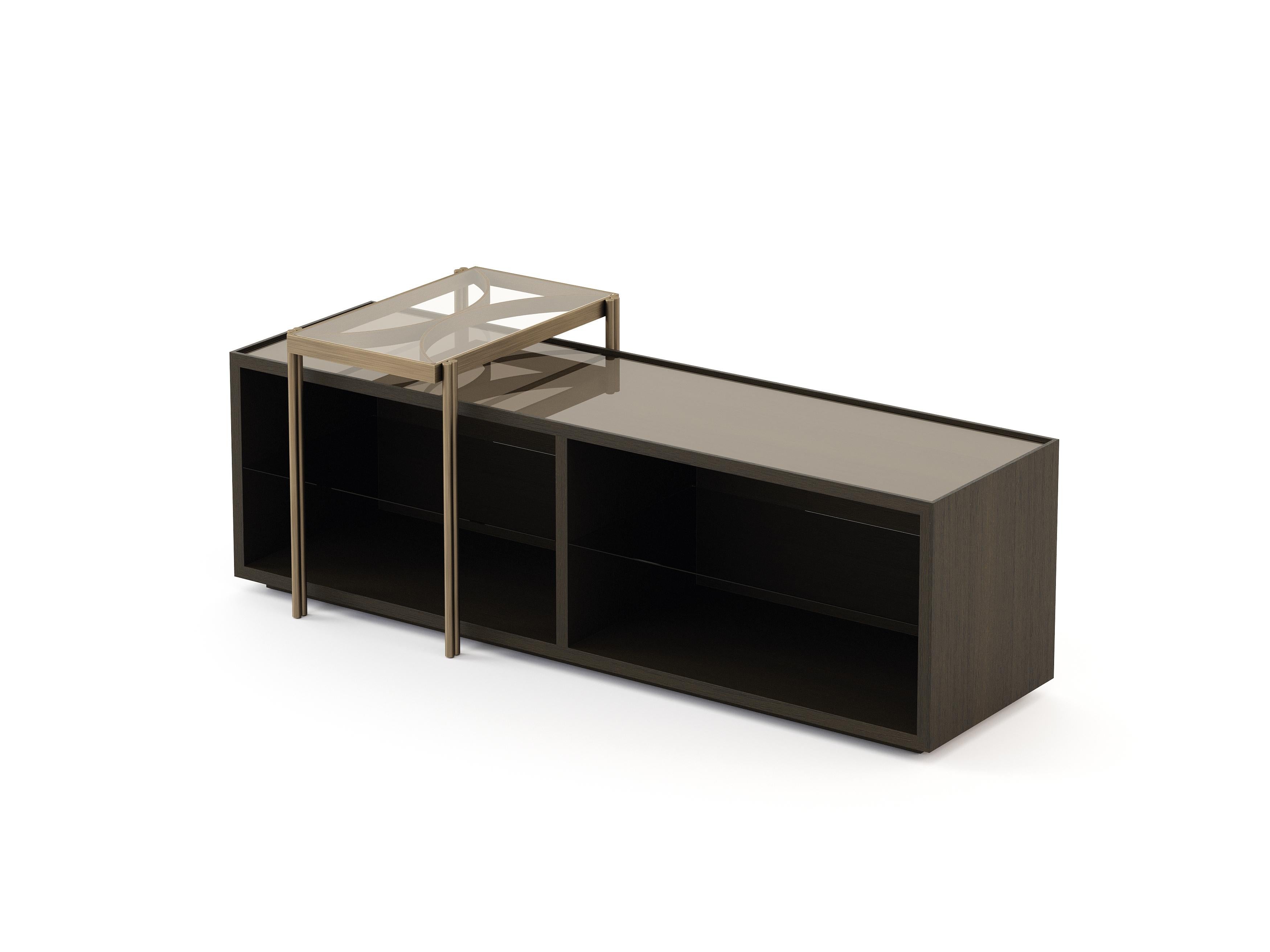 Portuguese Modern Club Console made with Oak, Brass and Glass, handmade by Stylish Club For Sale