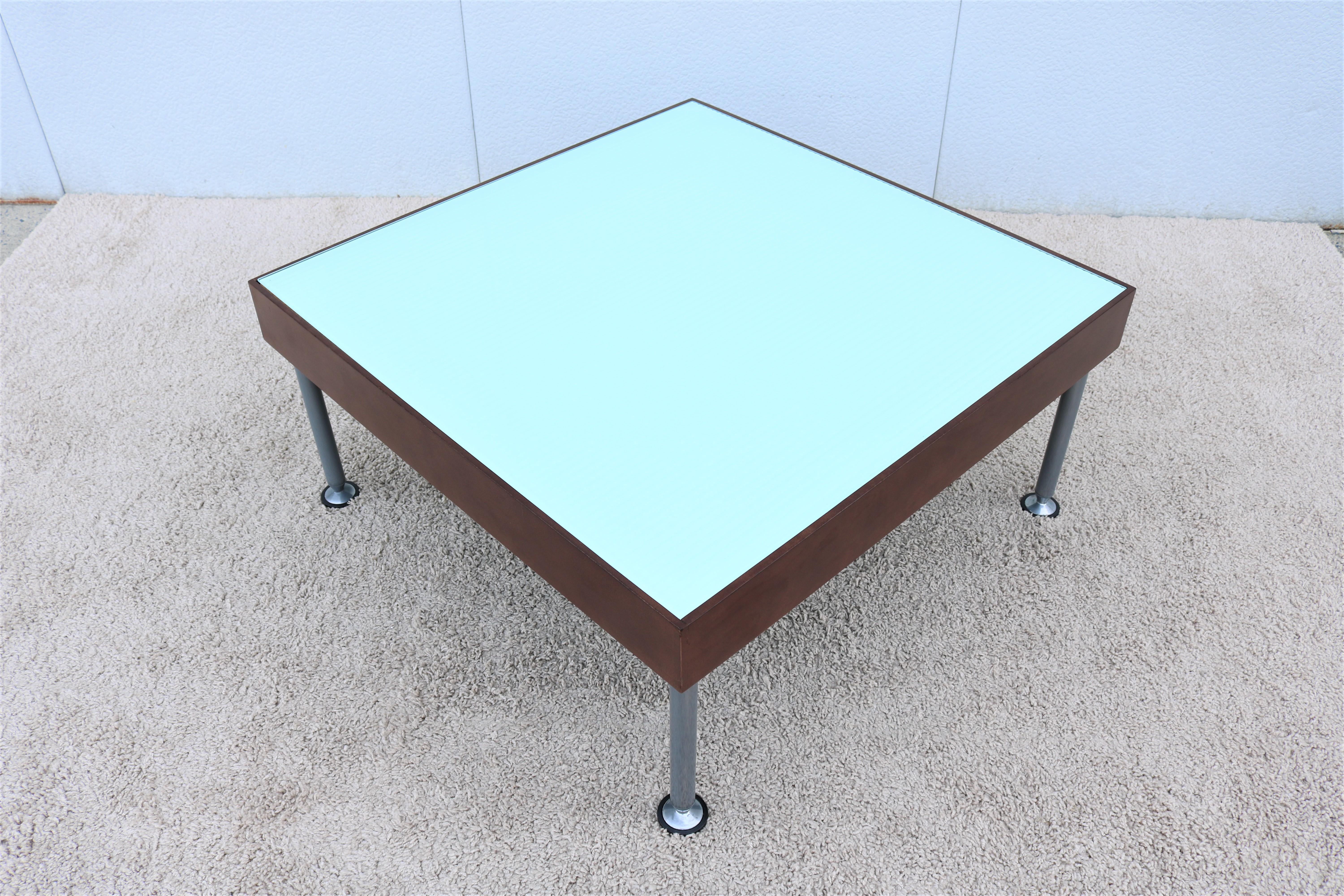 Powder-Coated Modern Coalesse and Steelcase Sidewalk Glass Top Square Coffee Table or Ottomna For Sale