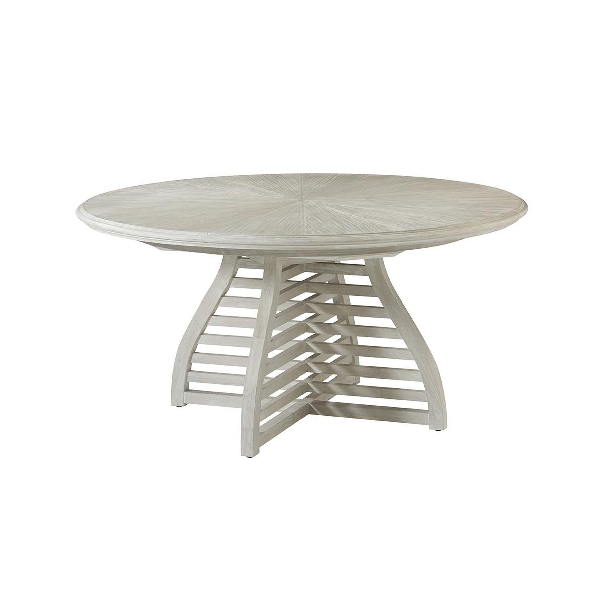 Modern Extending Dining Table, functional and visually appealing, the slatted dining table is the perfect dining table for your party. This uniquely designed table reflects a sunburst patterned top with a shaped slatted base. With a wire-brushed