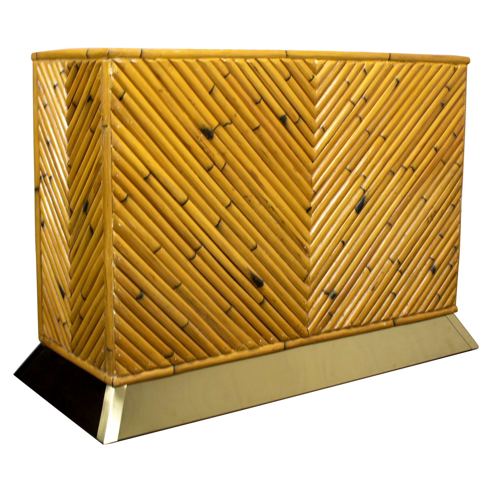 Modern Coastal Sofa Console Table Split Reed Bamboo Pedestal & Brass Plinth Base